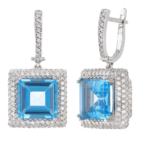 18k White Gold 1.85ctw Blue Topaz & Diamond Oblong Huggie Hoop Basket Earrings