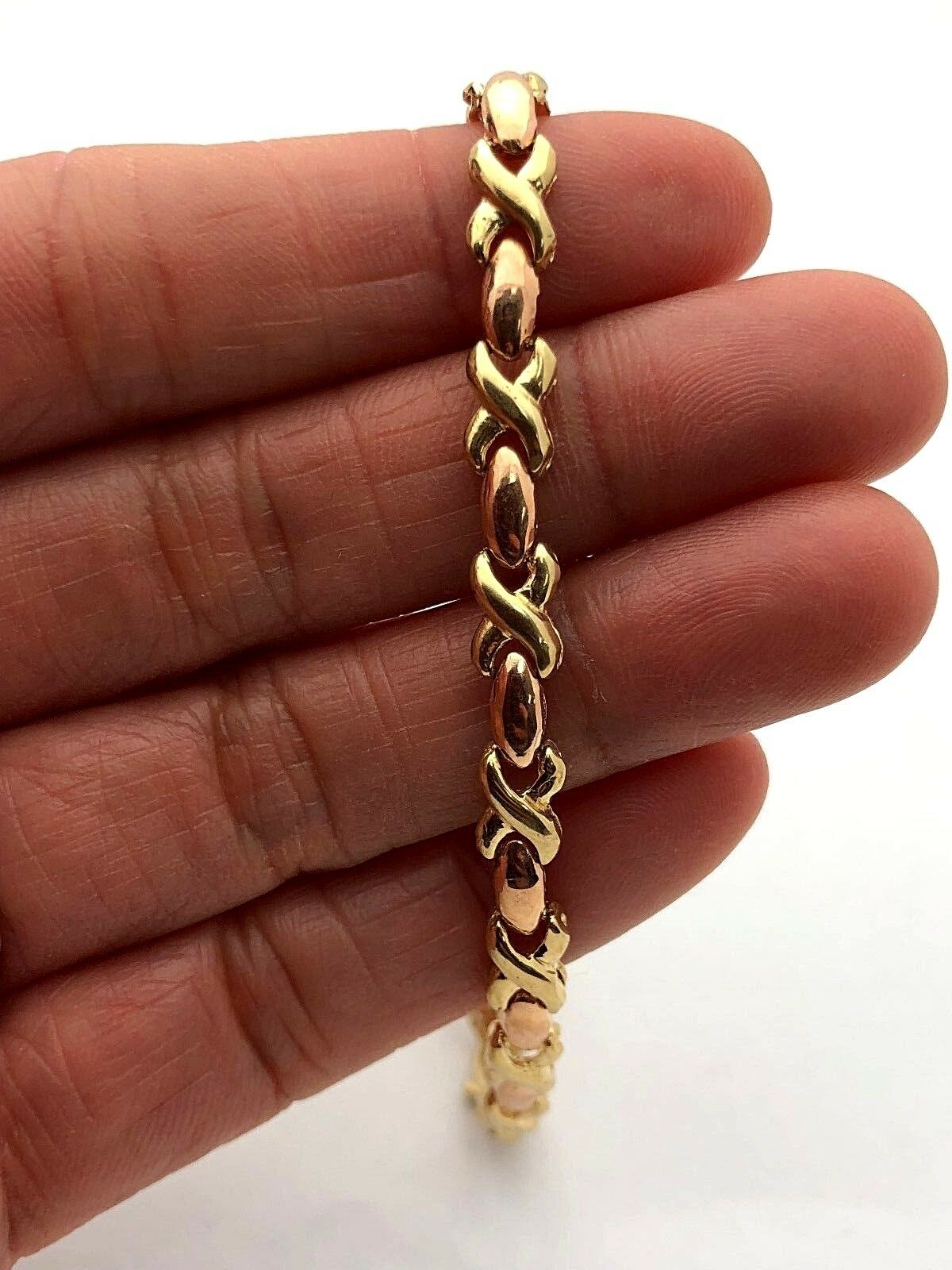 14k Two Tone Gold High Polished Hugs & Kisses XOXO Link Bracelet 7.25" 5.3mm 9g