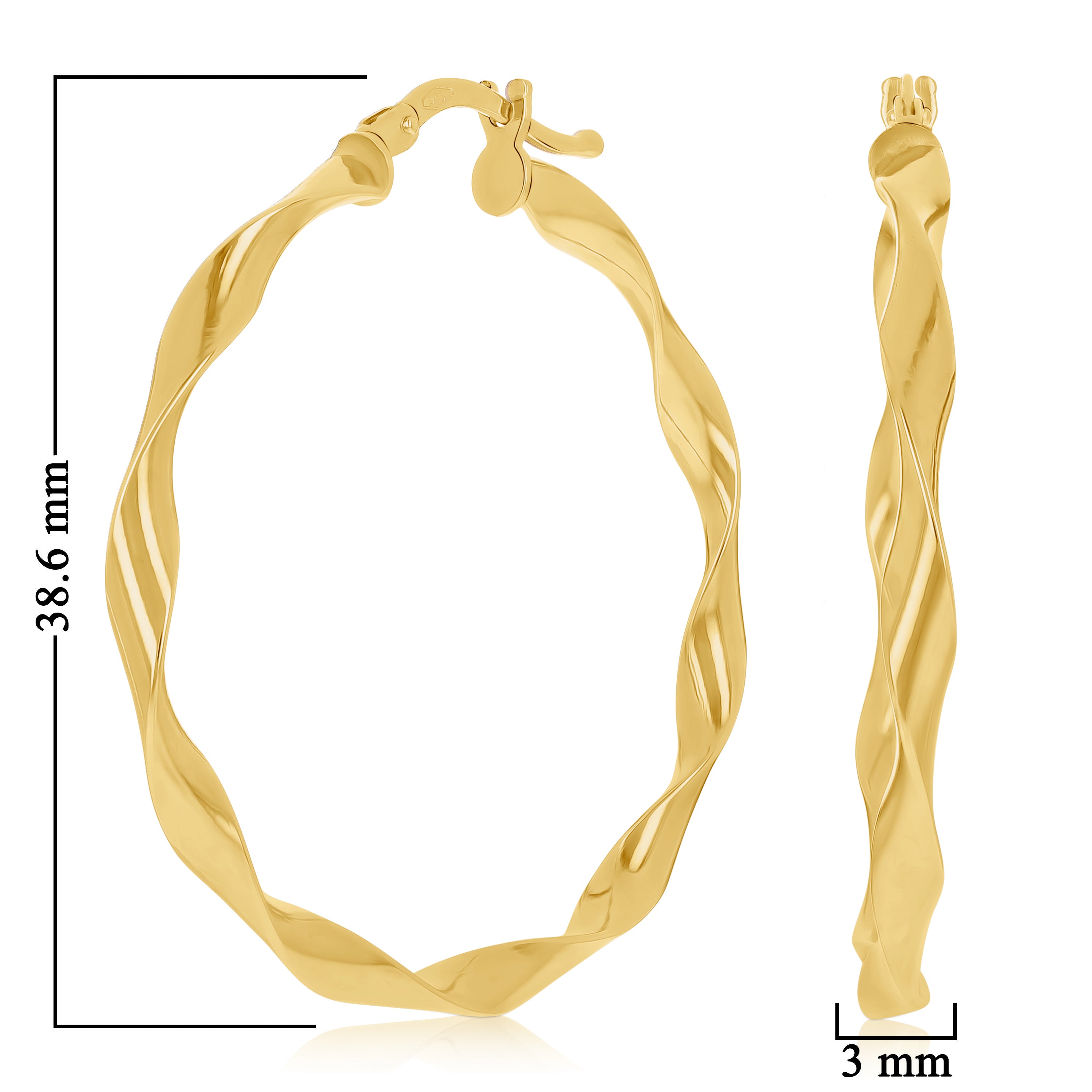 Italian 14k Yellow Gold High Polished Twisted Hoop Earrings 1.5" 3mm 2.4 grams
