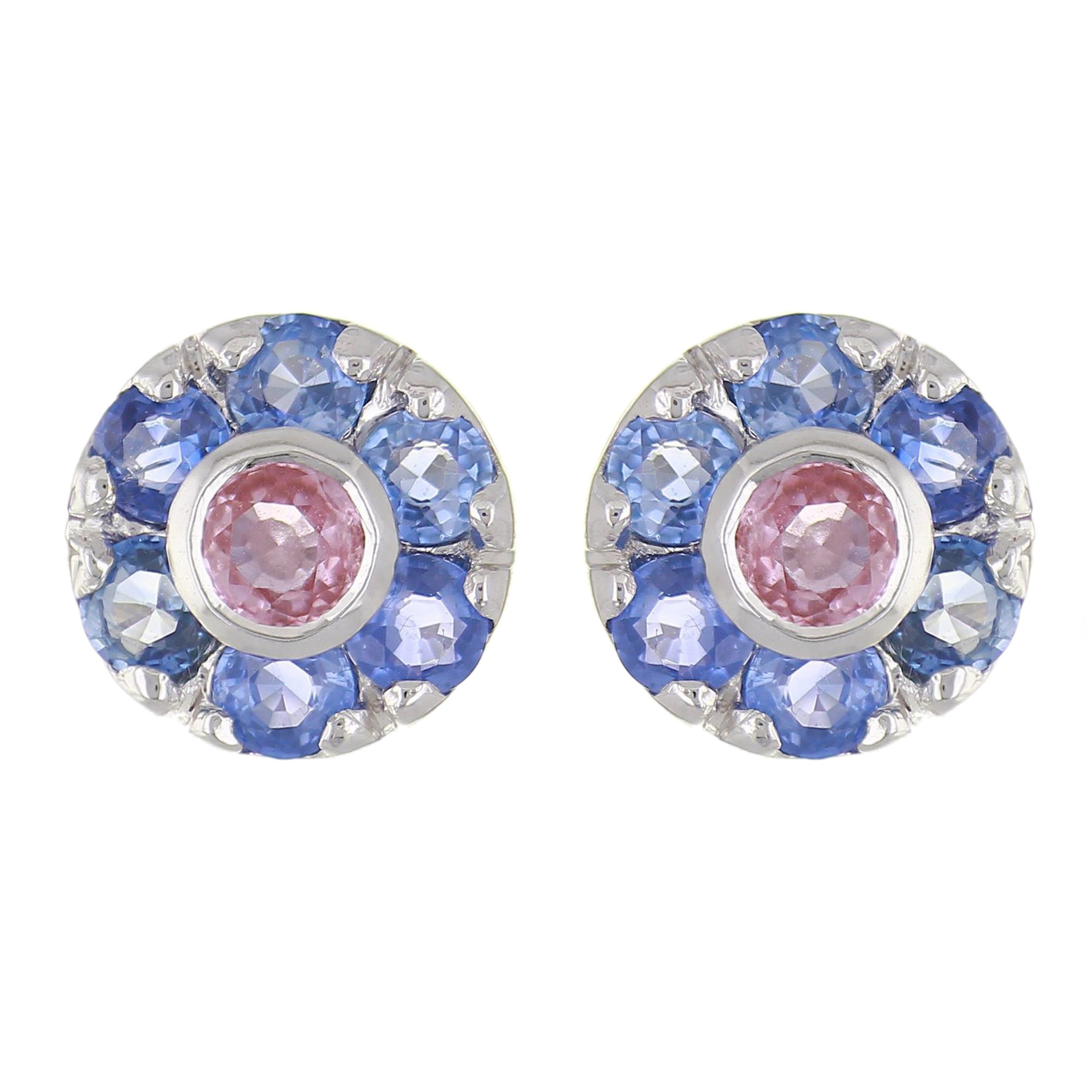 14k White Gold Pink & Blue Sapphire Flower Cluster Stud Earrings