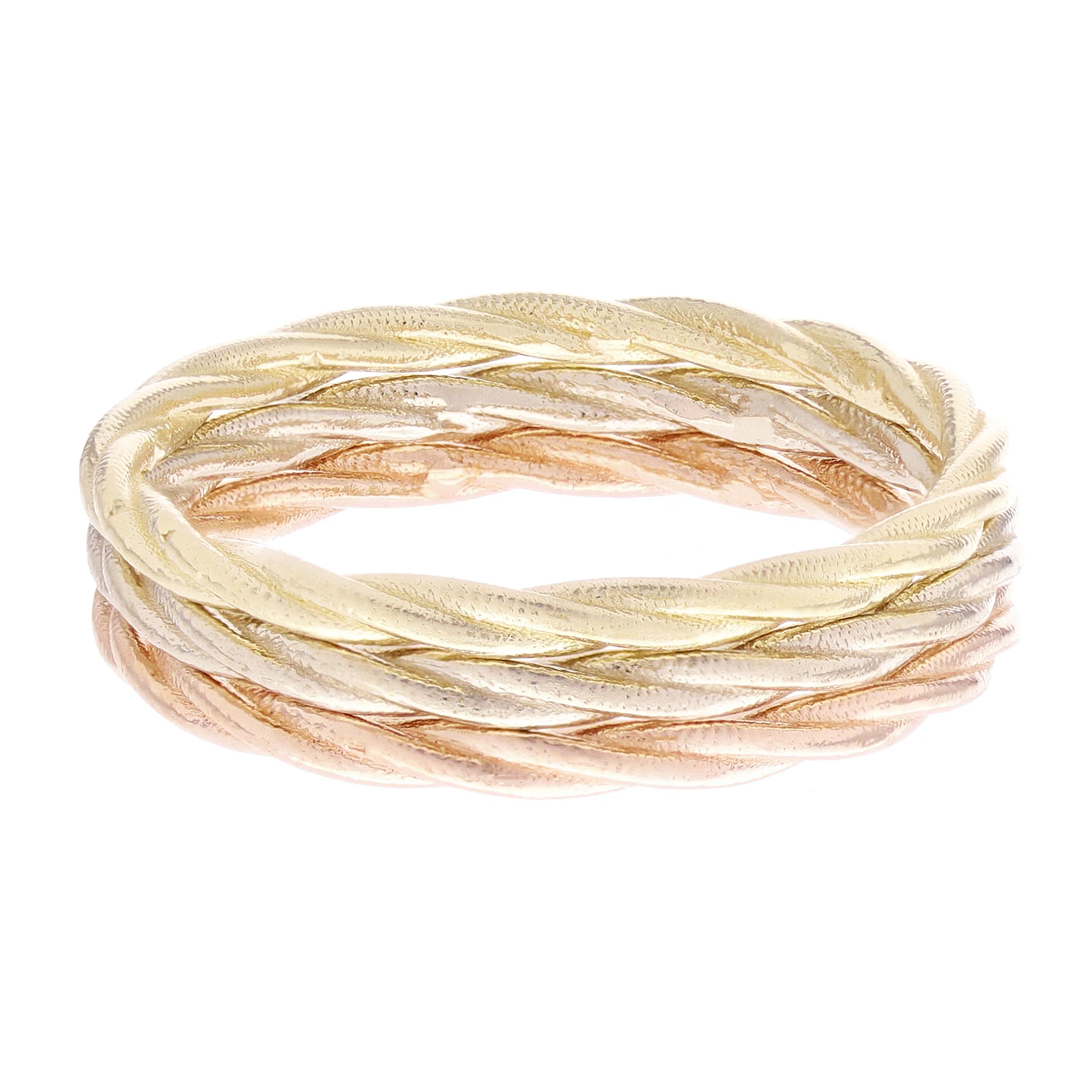 14k Yellow White & Rose Gold Twisted Rope Textured 3-Piece Set Stackable Ring