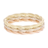 14k Yellow White & Rose Gold Twisted Rope Textured 3-Piece Set Stackable Ring