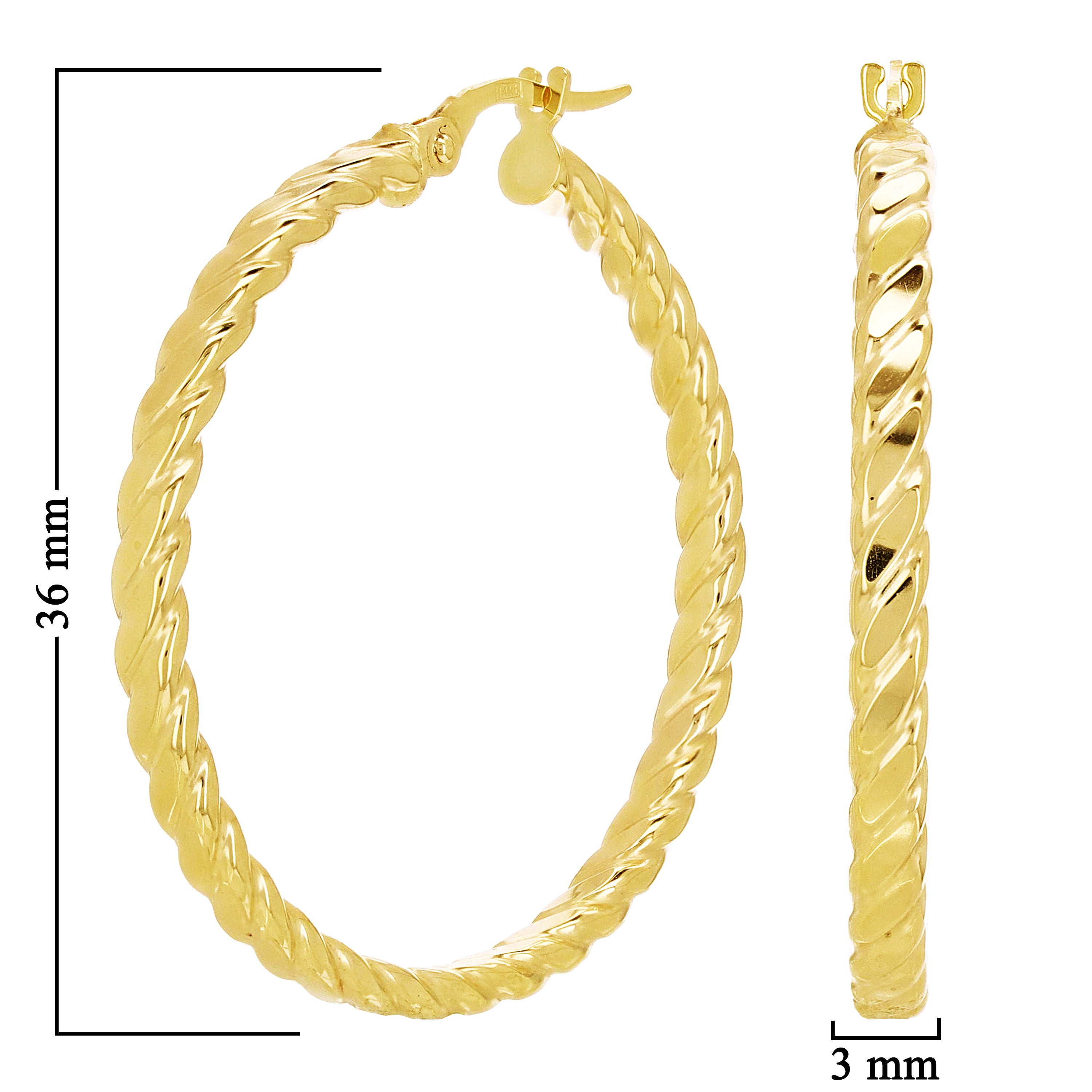 Italian 14k Yellow Gold Hollow Flat Rope Hoop Earrings 1.4" 3mm 3 grams