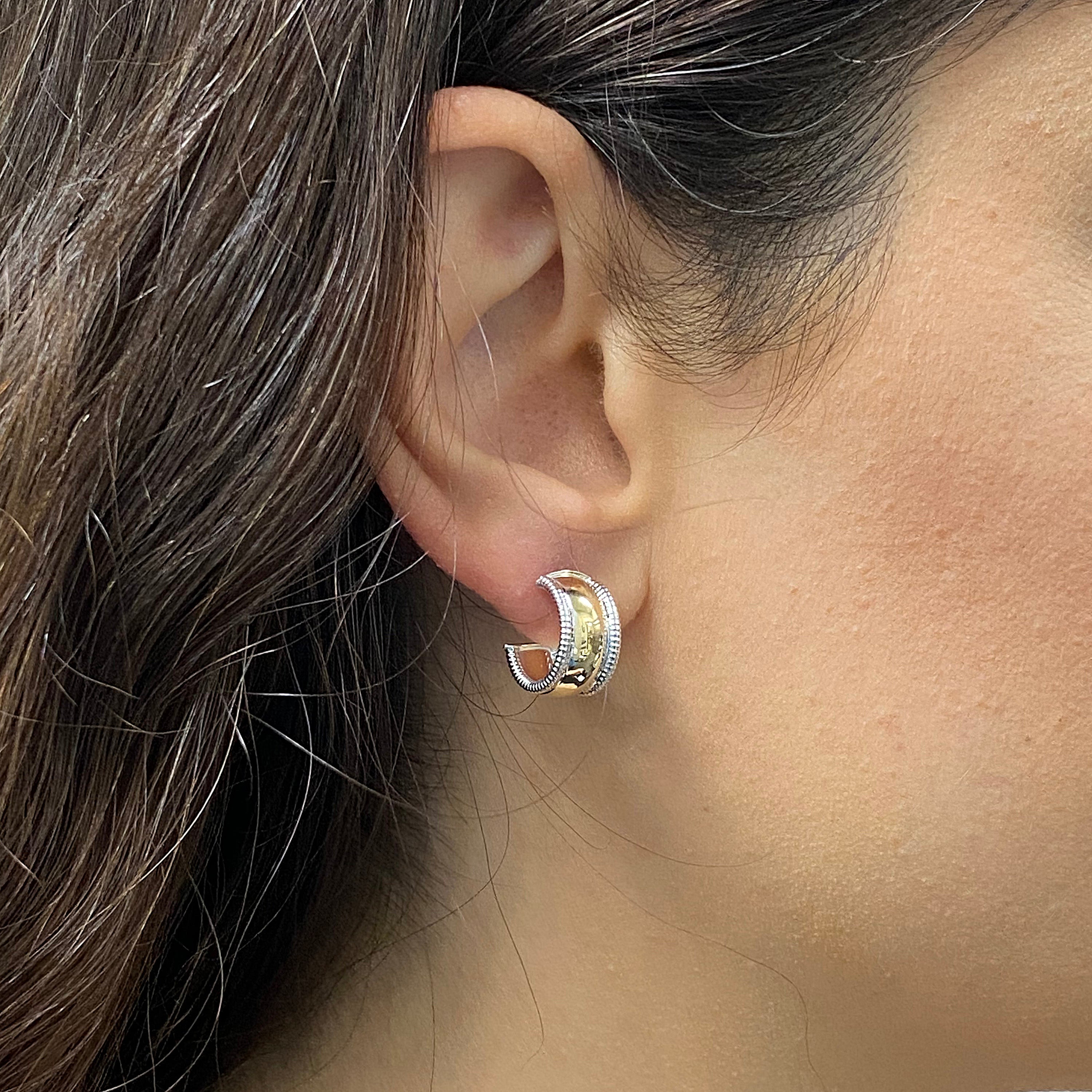 Italian 14k Yellow & White Gold Rope Shiny Small Huggie C-Shaped Hoop Earrings