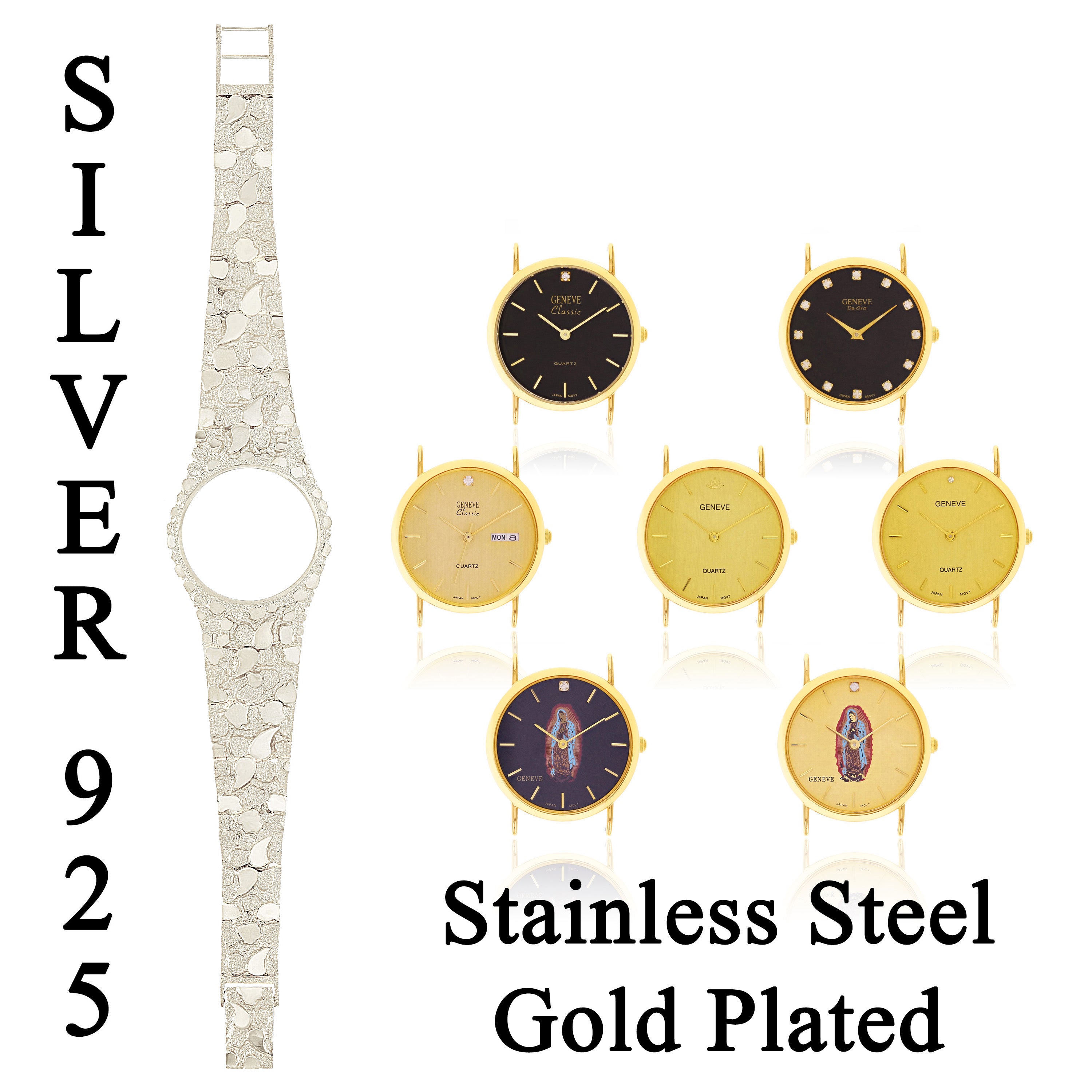 925 Sterling Silver Nugget Link Band Geneve Guadalupe Diamond Watch 8-8.5" 48 grams - 8" 48 grams