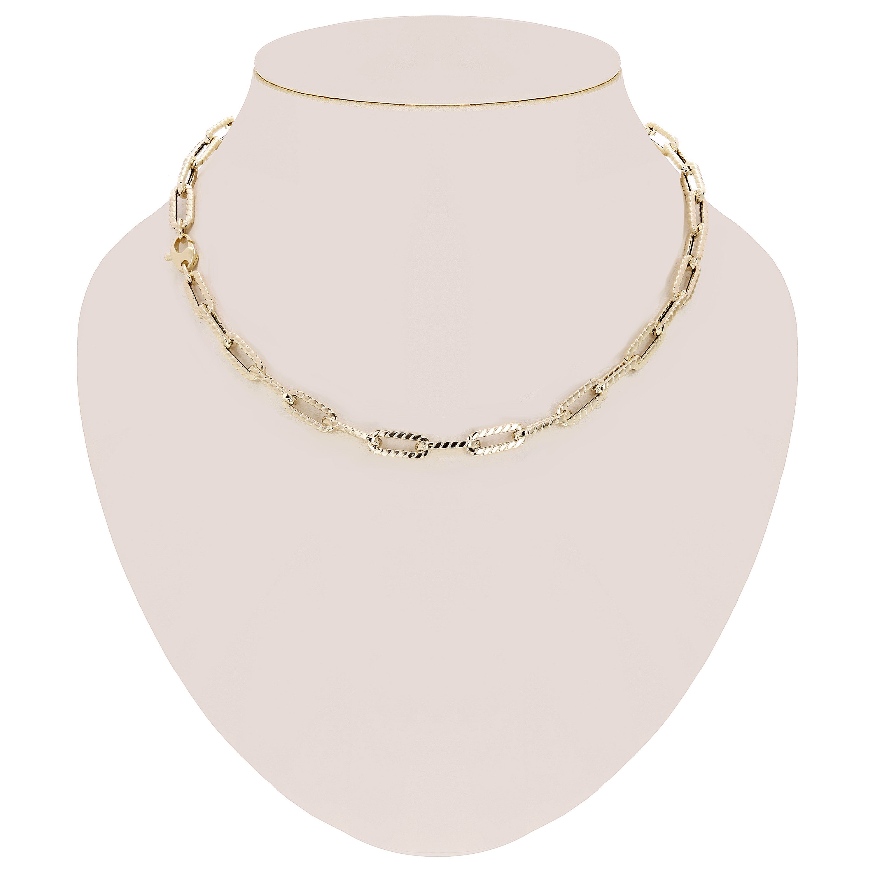 Italian 14k Yellow Gold Hollow Textured Paper Clip Link Necklace 17.8" 6.6mm