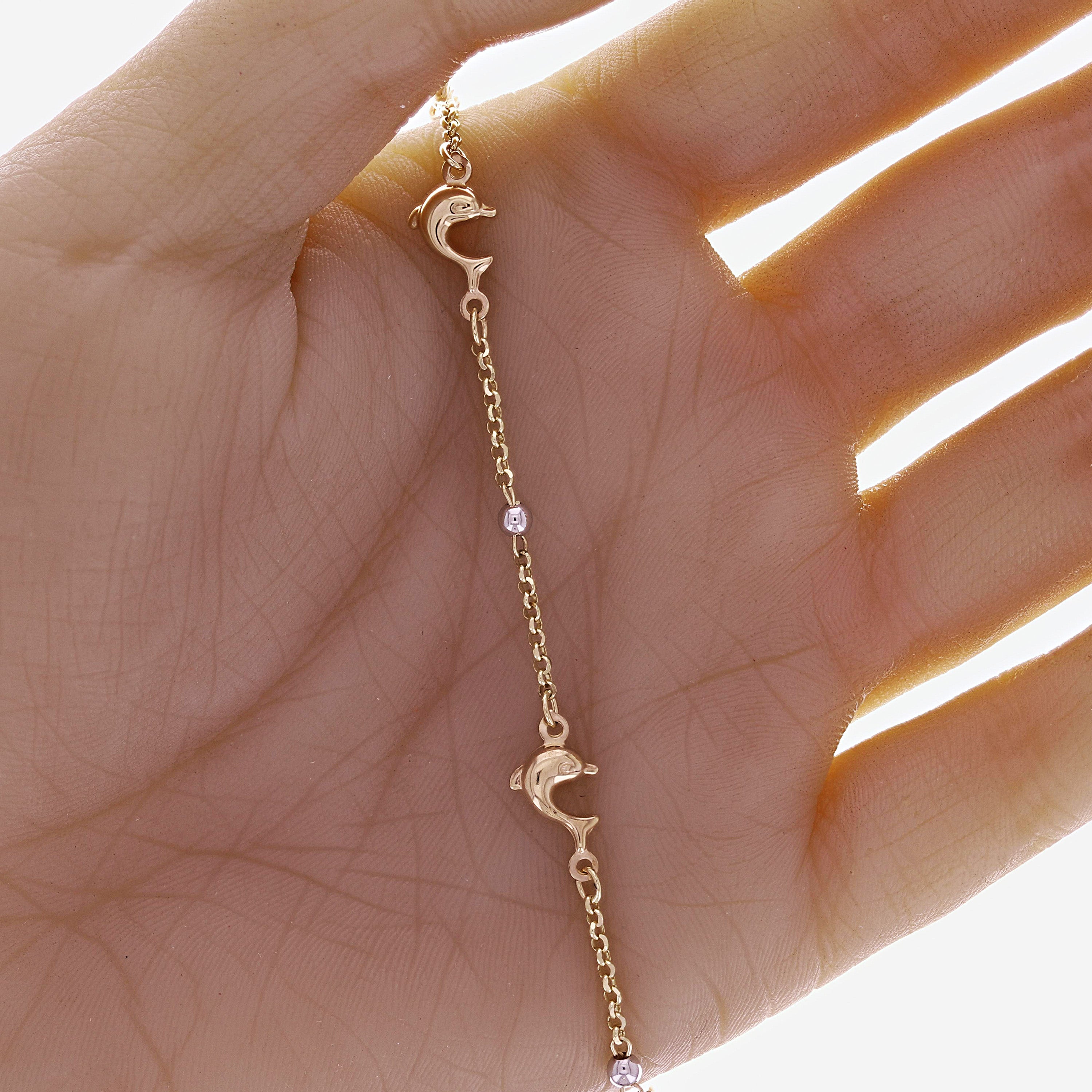 Italian 14k Two-Tone Gold Ball Bead & Dolphin Charm Bracelet 7" 2.6 grams