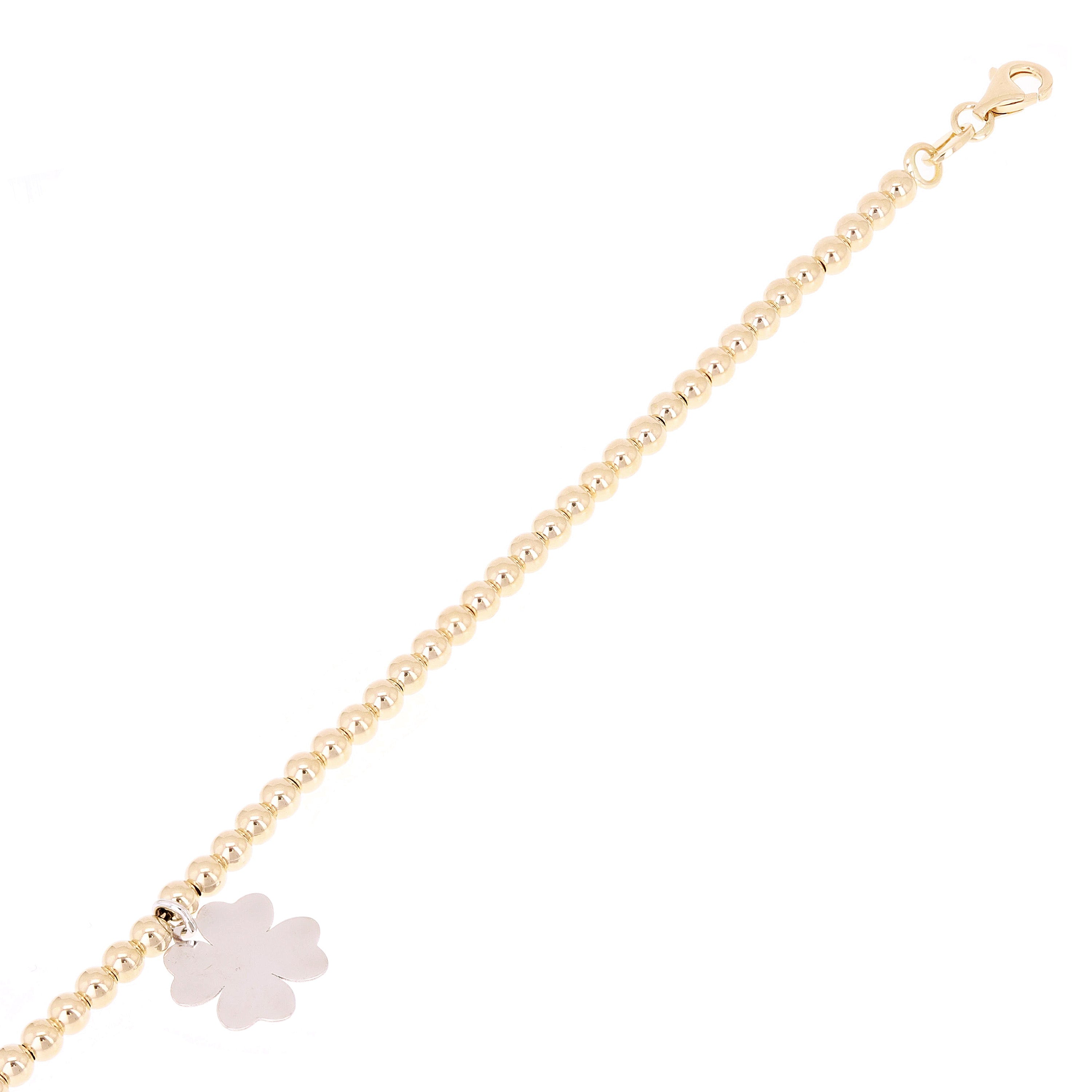 Italian 14k Two Tone Gold Ball Bead Bracelet with Clover Leaf Charm 8" 3mm 3.4g