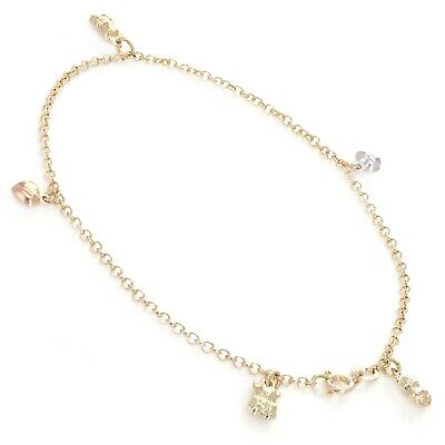 14k Tri Color Gold Bear & Heart Anklet Bracelet Charm 10" 2.35mm 4.5 grams
