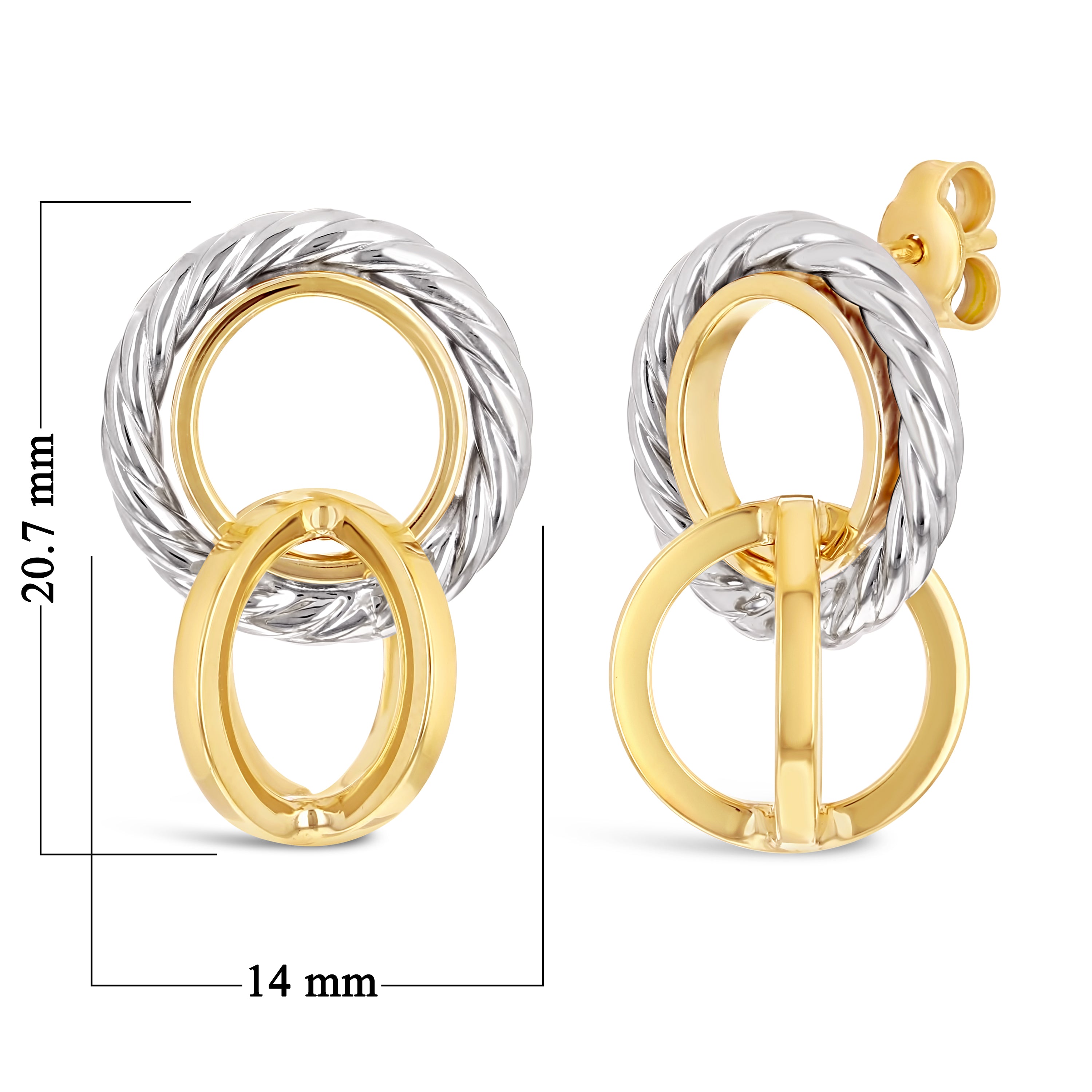 Italian 14k Yellow & White Gold Tangent Hoop Rope Eternity Circle Drop Earrings - Tangent Rope Eternity