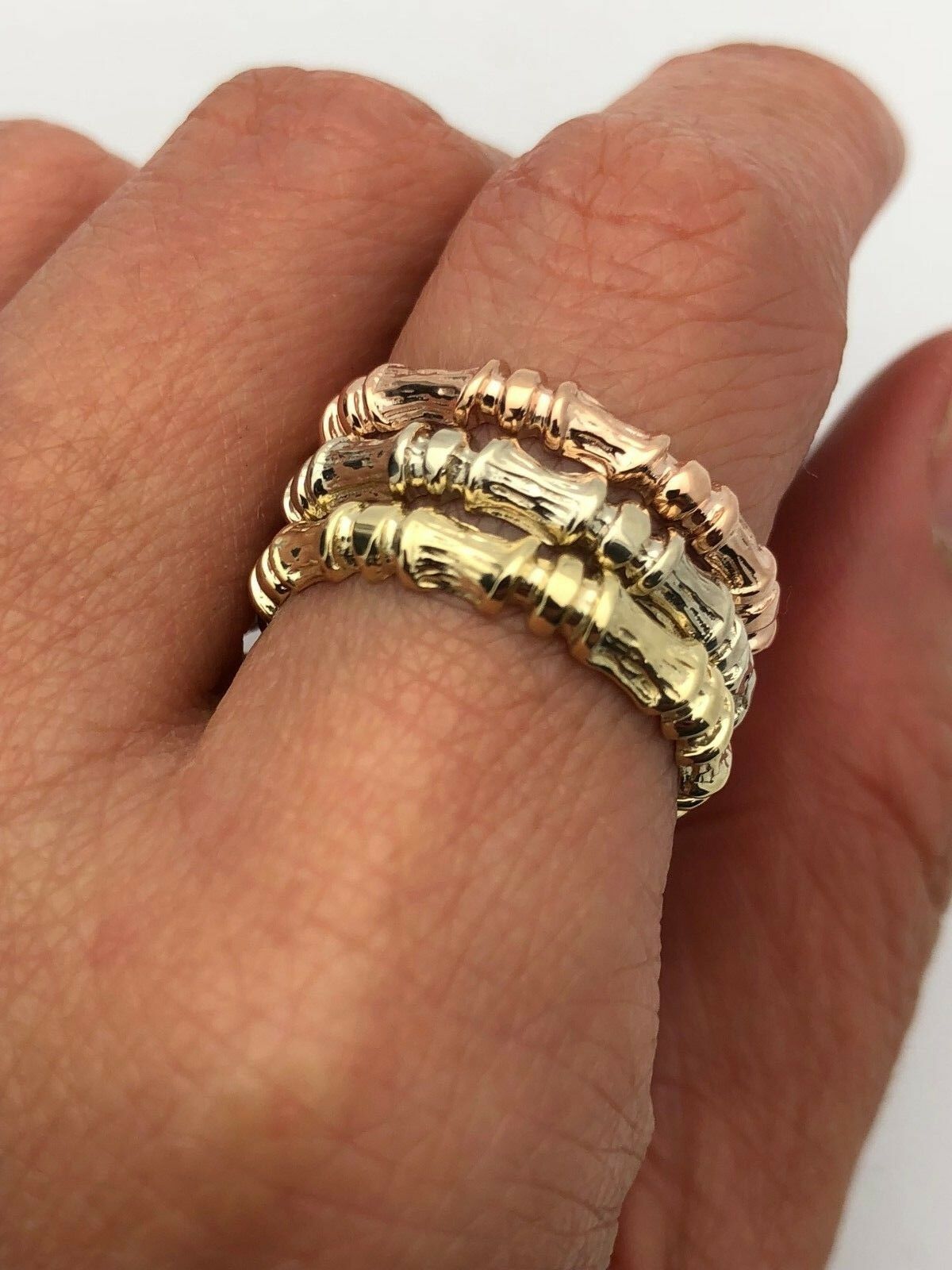 14k Tri Color Gold Stackable Bamboo Ring 3 piece Ring Set Size 7 3.5mm each 8.6g