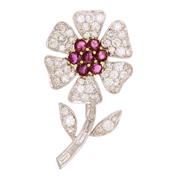 18k White Gold 3.67ctw Baguette Diamonds & Ruby Flower Pin Brooch Pendant