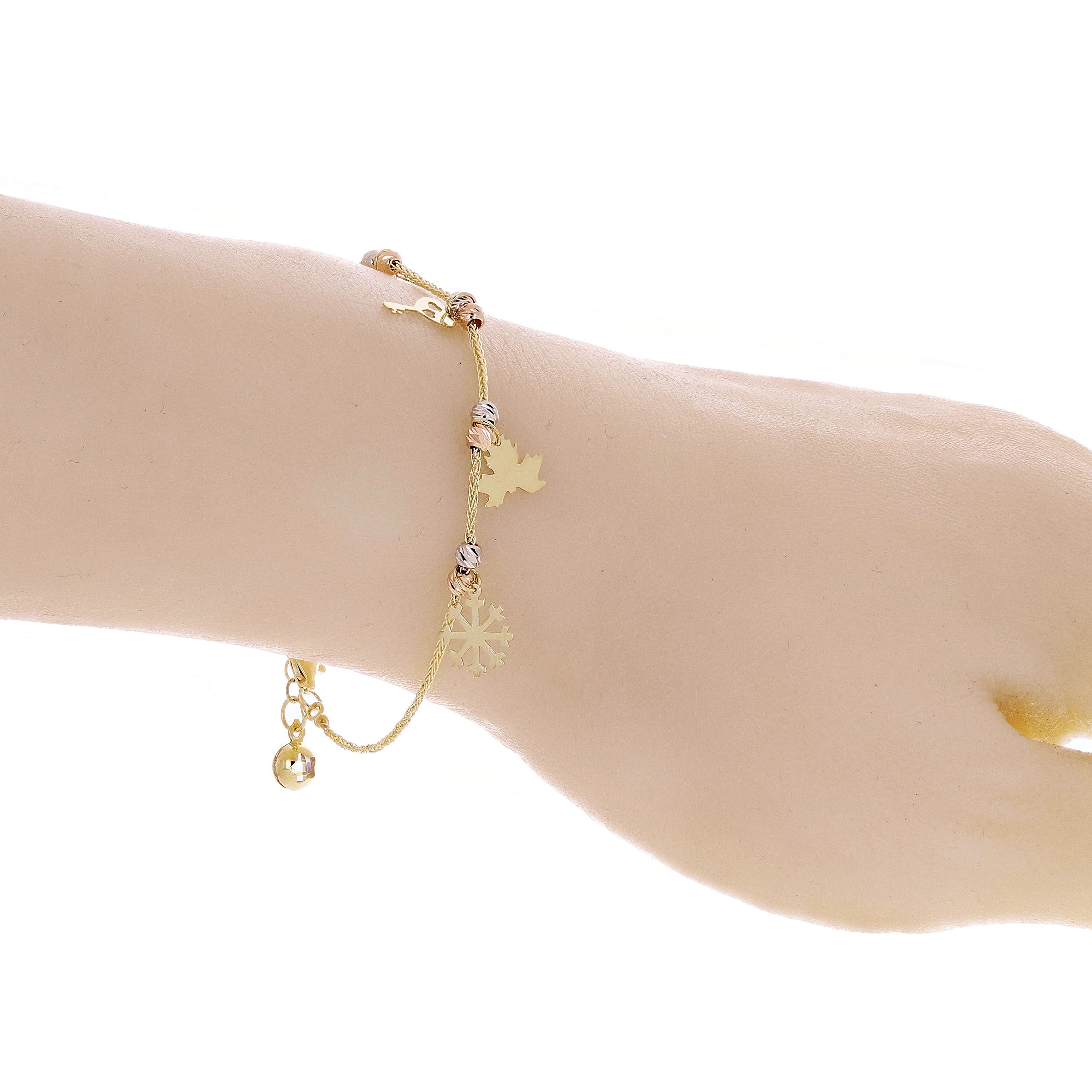 14k Tri Color Gold Snow Flake Key Leaf Heart Infinity Charm Bracelet 7" 2.7grams