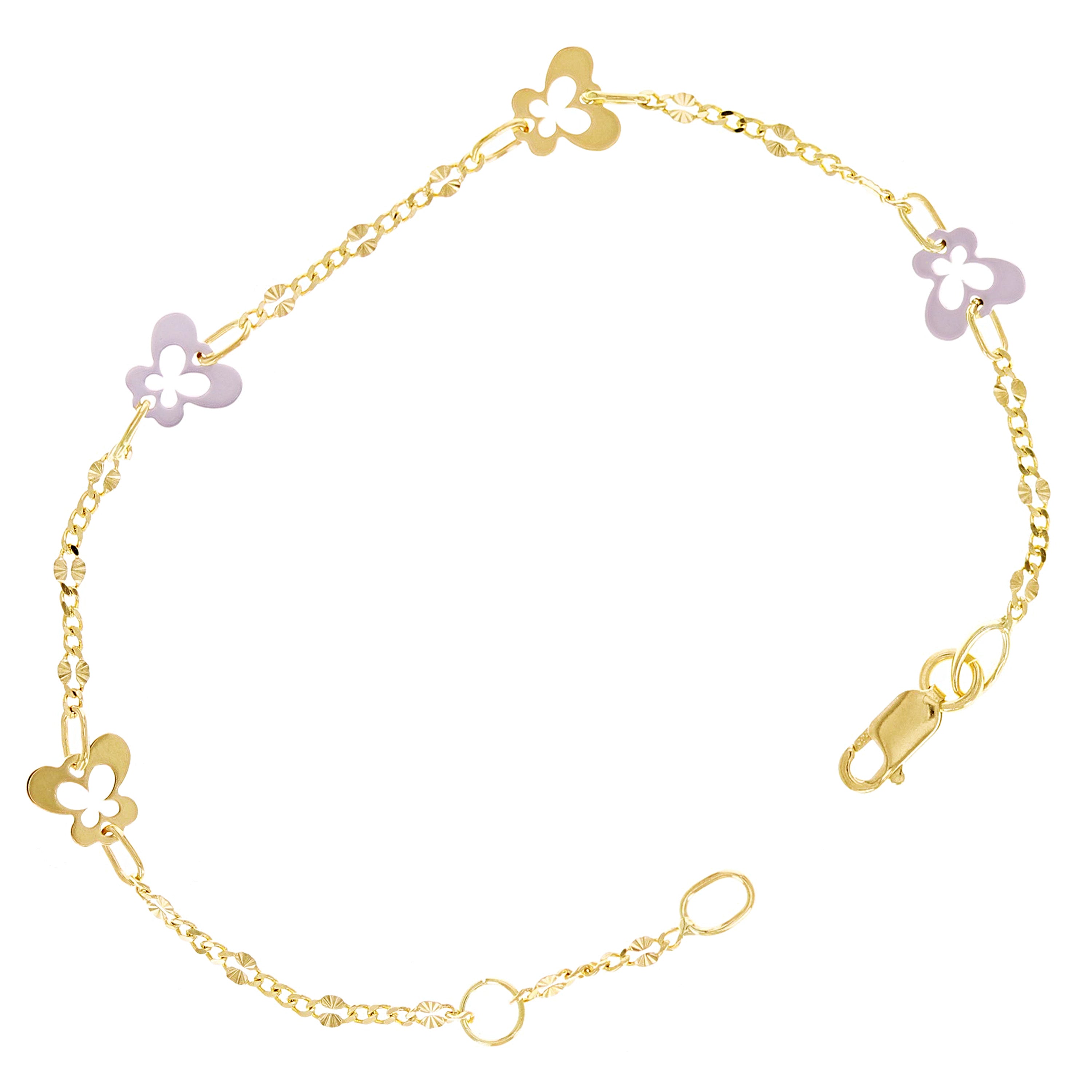 Italian 14k Yellow & White Gold Station Butterfly Charm Bracelet 6.75" 1.7 grams