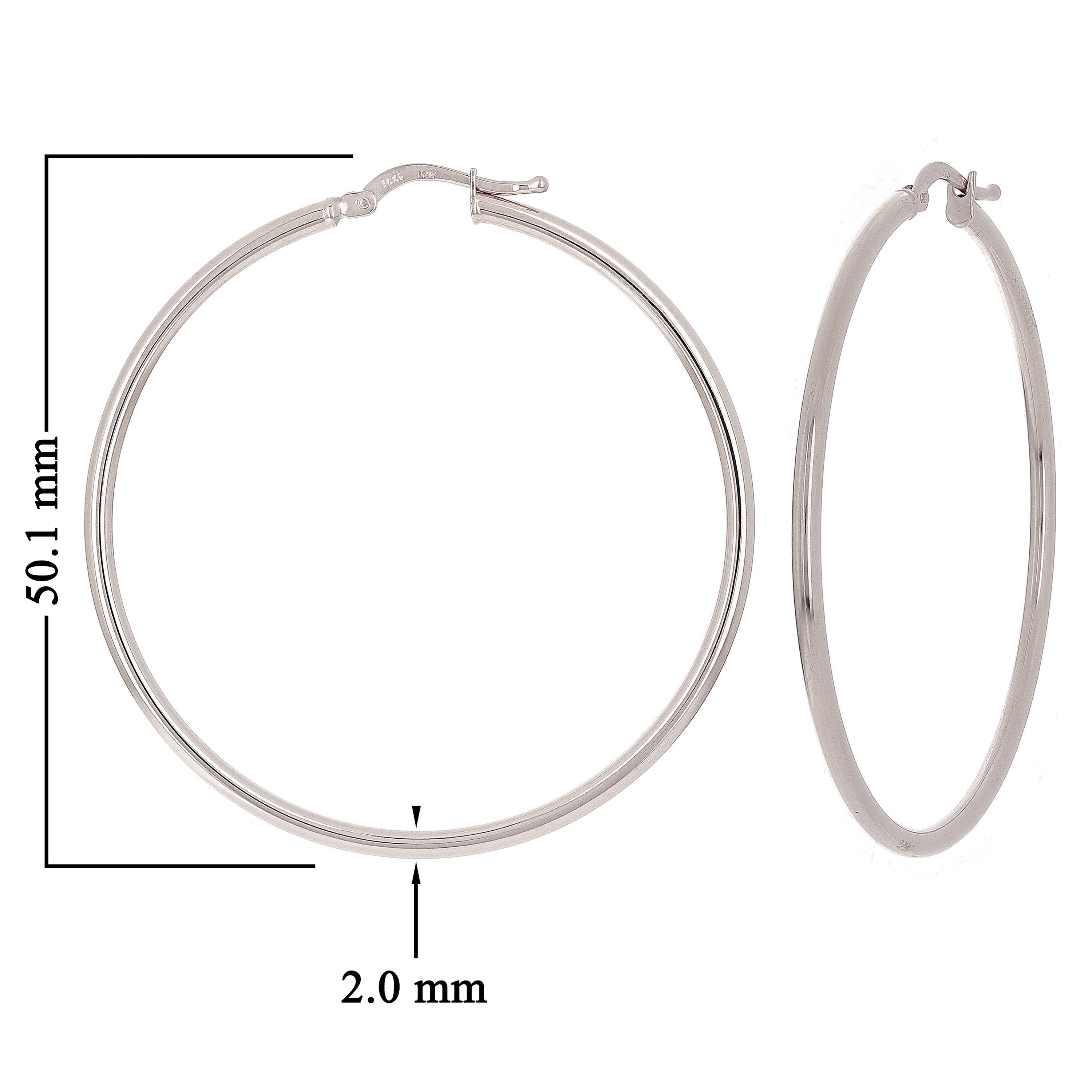 Italian 14k White Gold High Polished Plain 2mm Hollow Hoop Earrings 2" 2.9 grams - White,Size 2" 2.9 grams
