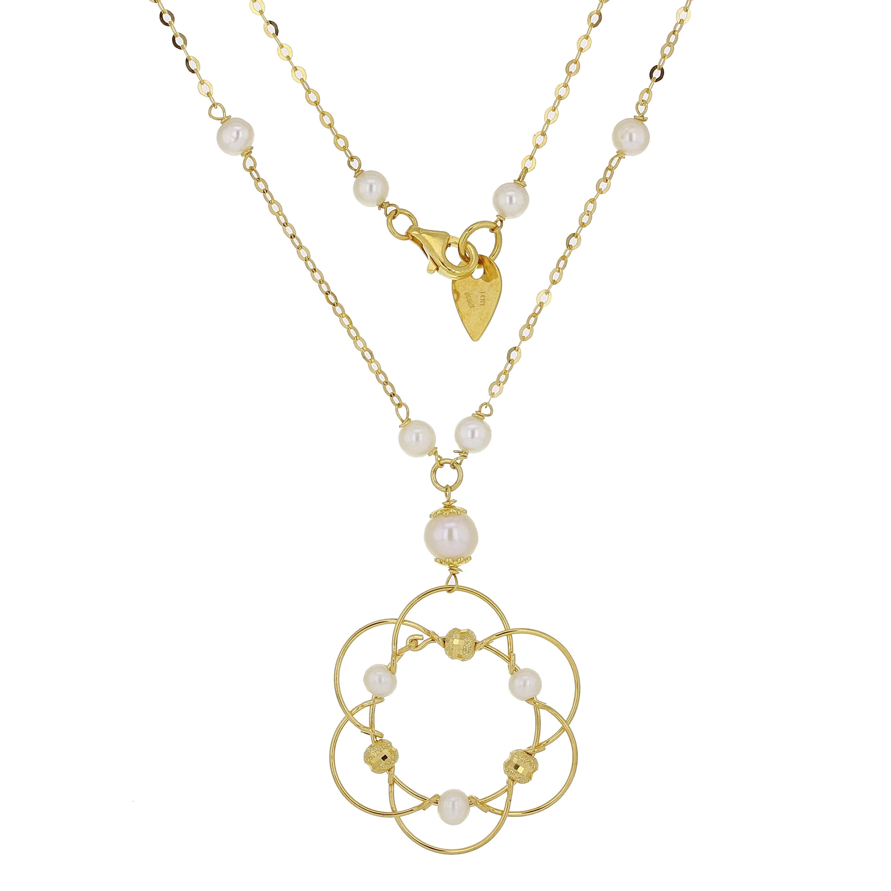 Italian 14k Yellow Gold White Pearl Magic Wire Sphere Pendant Y-Necklace