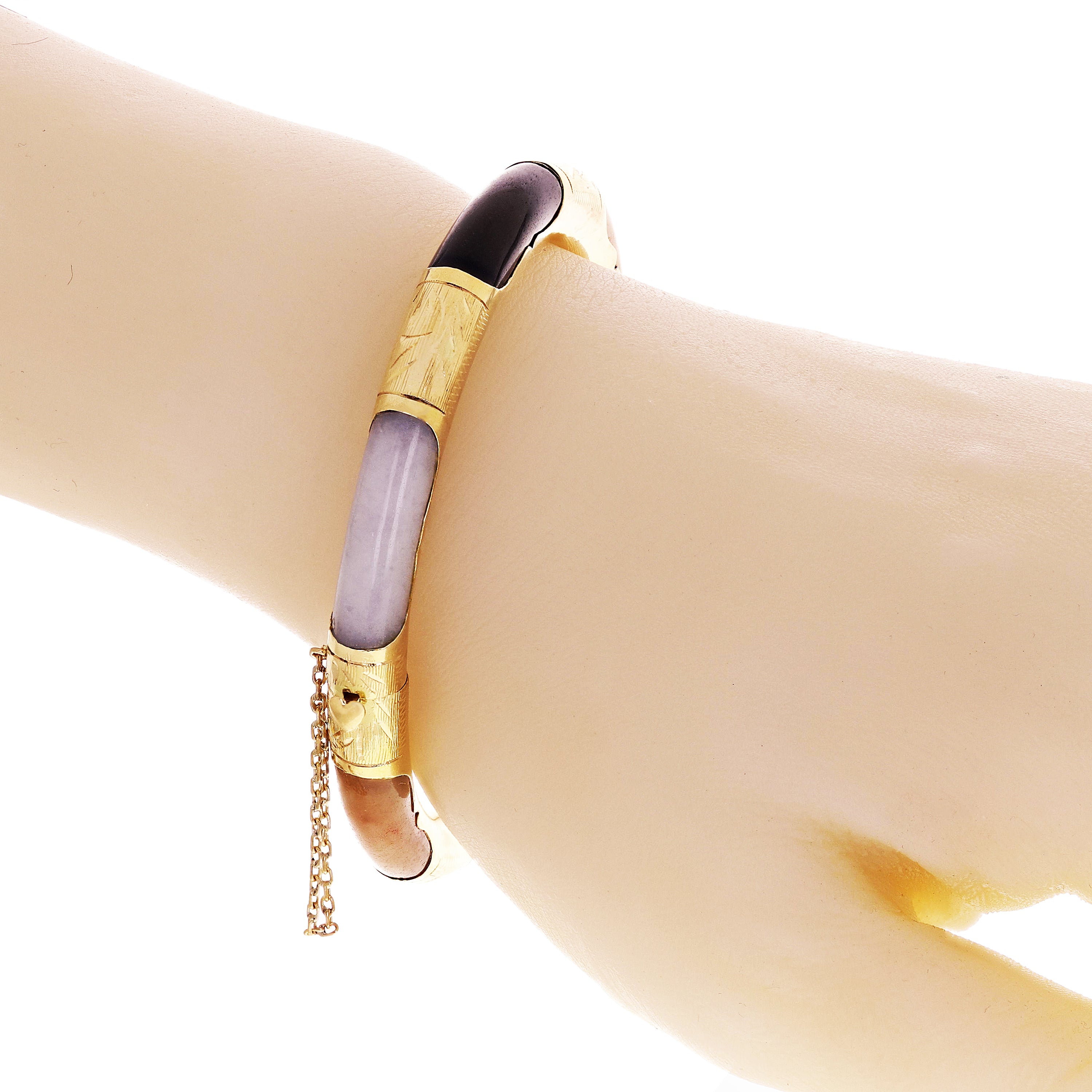 14k Yellow Gold Onyx & Multi Color Jade Hinged Bangle Bracelet 7.8mm 7" 28.4g