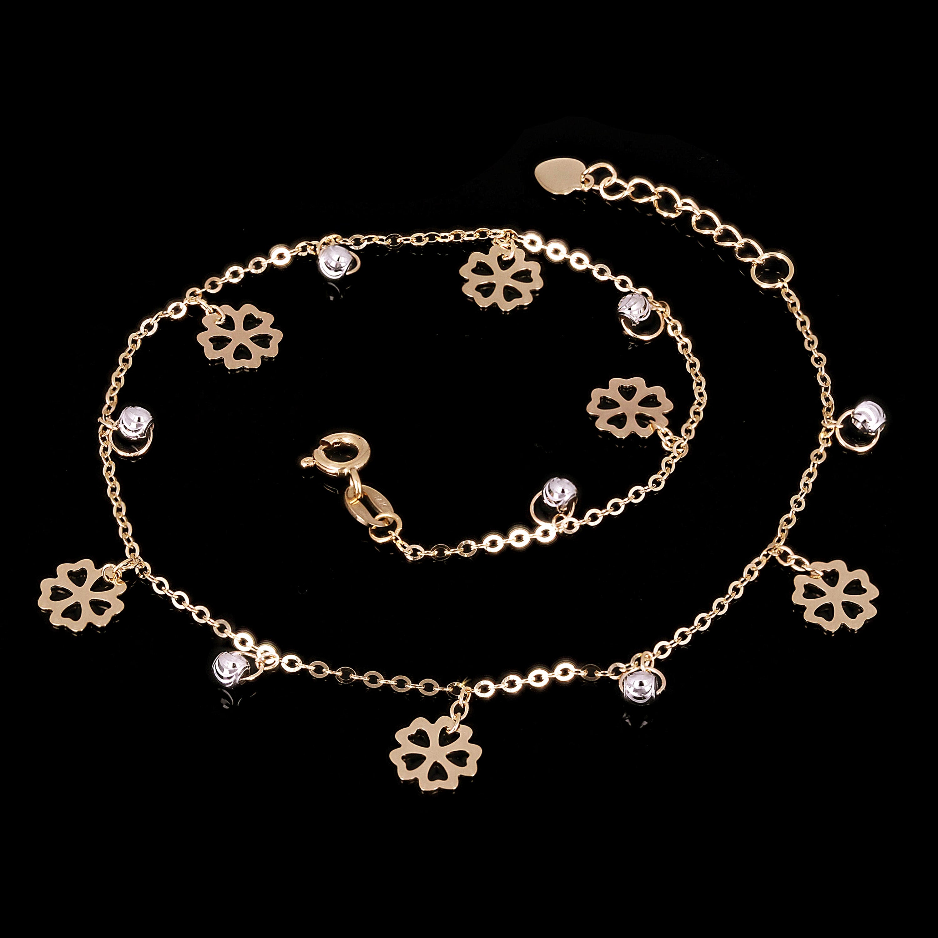 Italian 14k Two Tone Gold Flower & Ball Beads Charm Anklet Bracelet 10" 2.3g