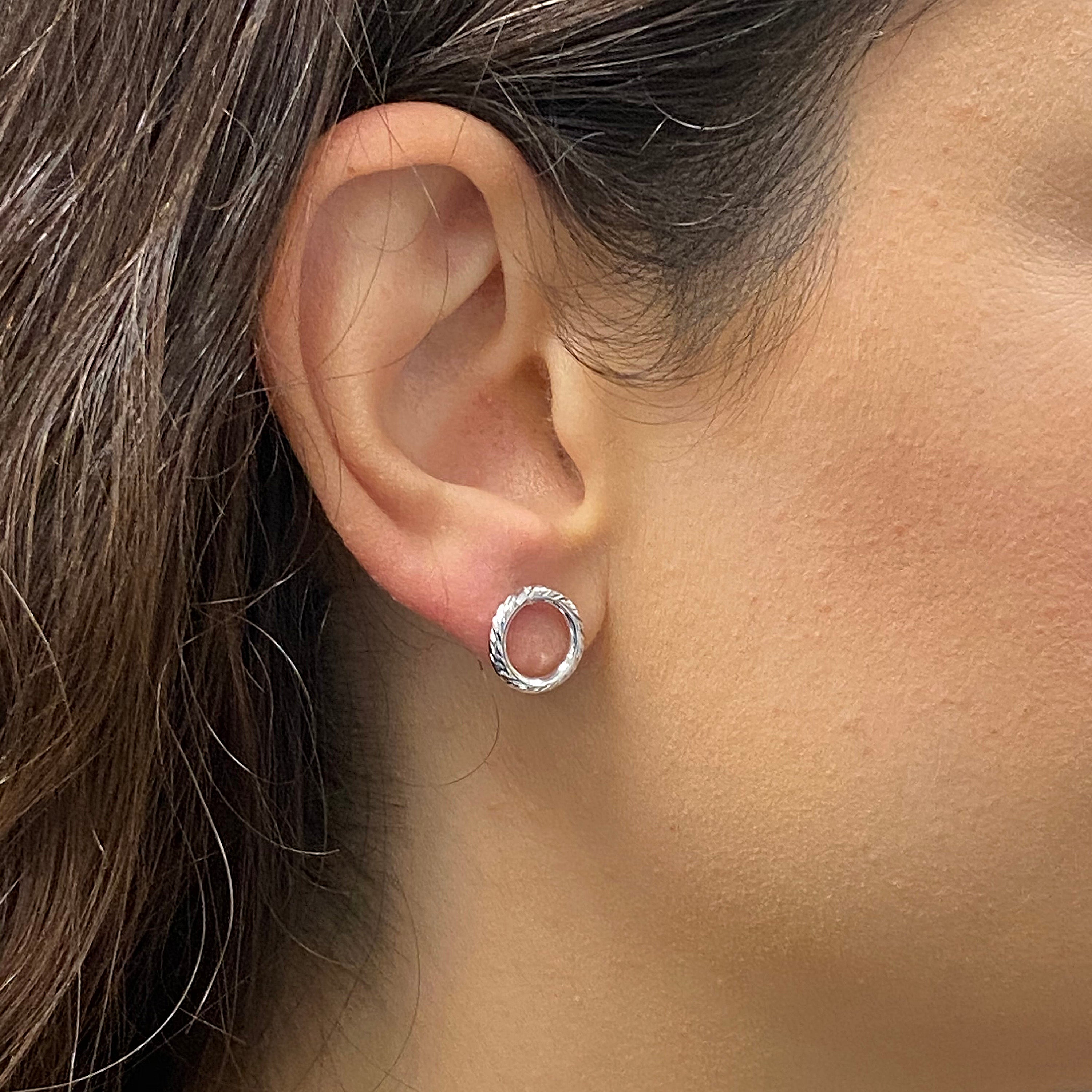 Italian 14k White Gold Modern Diamond-Cut Double Eternity Circle Stud Earrings - Dainty Modern