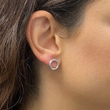 Italian 14k White Gold Modern Diamond-Cut Double Eternity Circle Stud Earrings - Dainty Modern