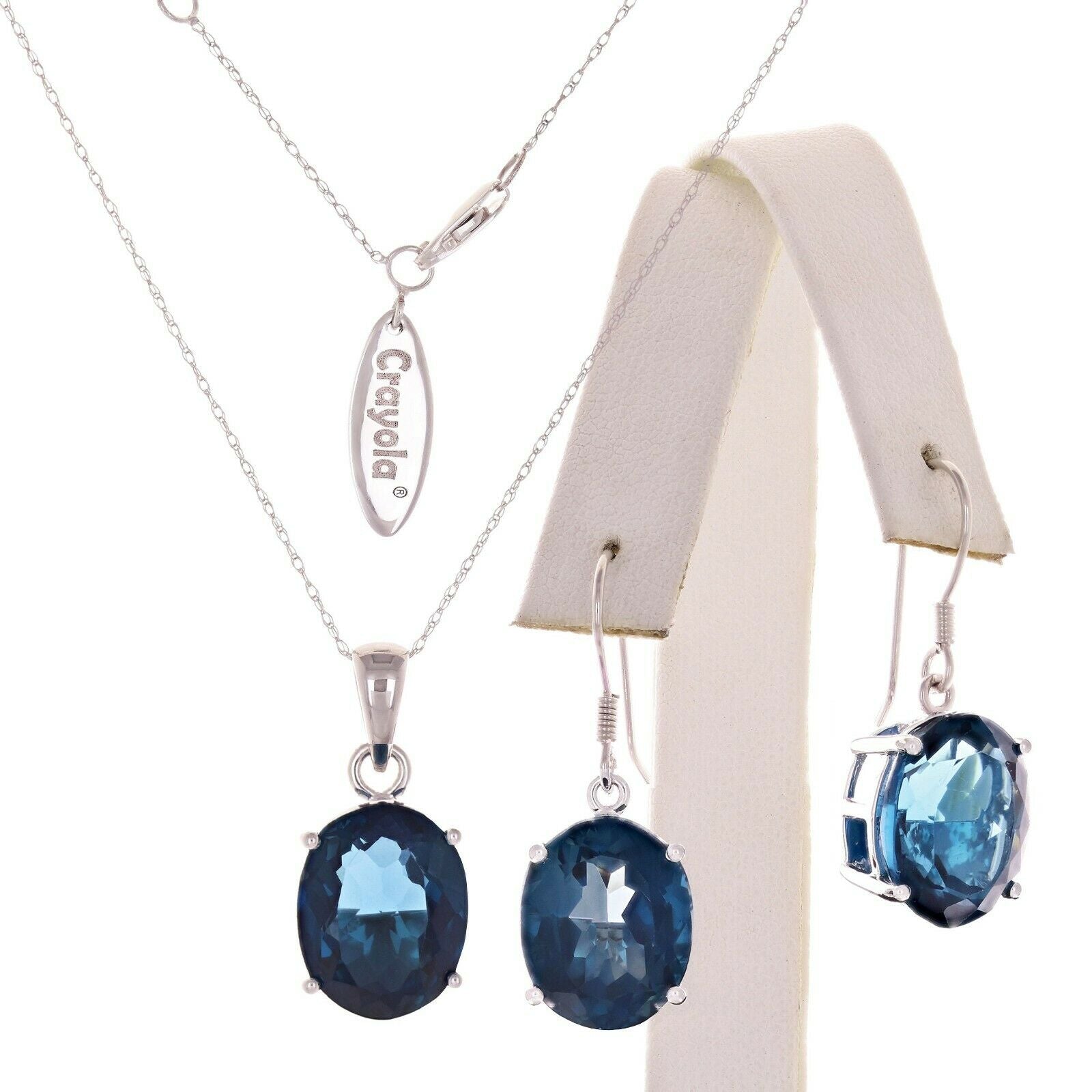 Crayola 14k White Gold Oval Midnight Blue Topaz Earrings & Pendant Necklace Set