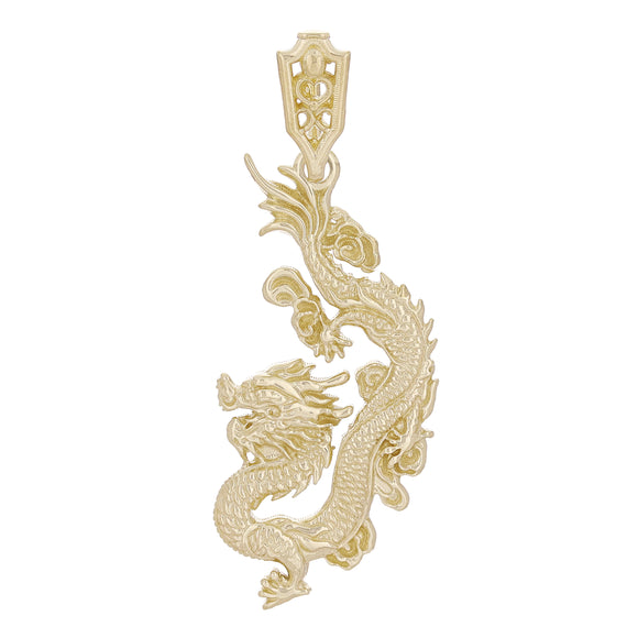 14k Yellow Gold Highly Detailed Textured Fortune Asian Dragon Polished Pendant