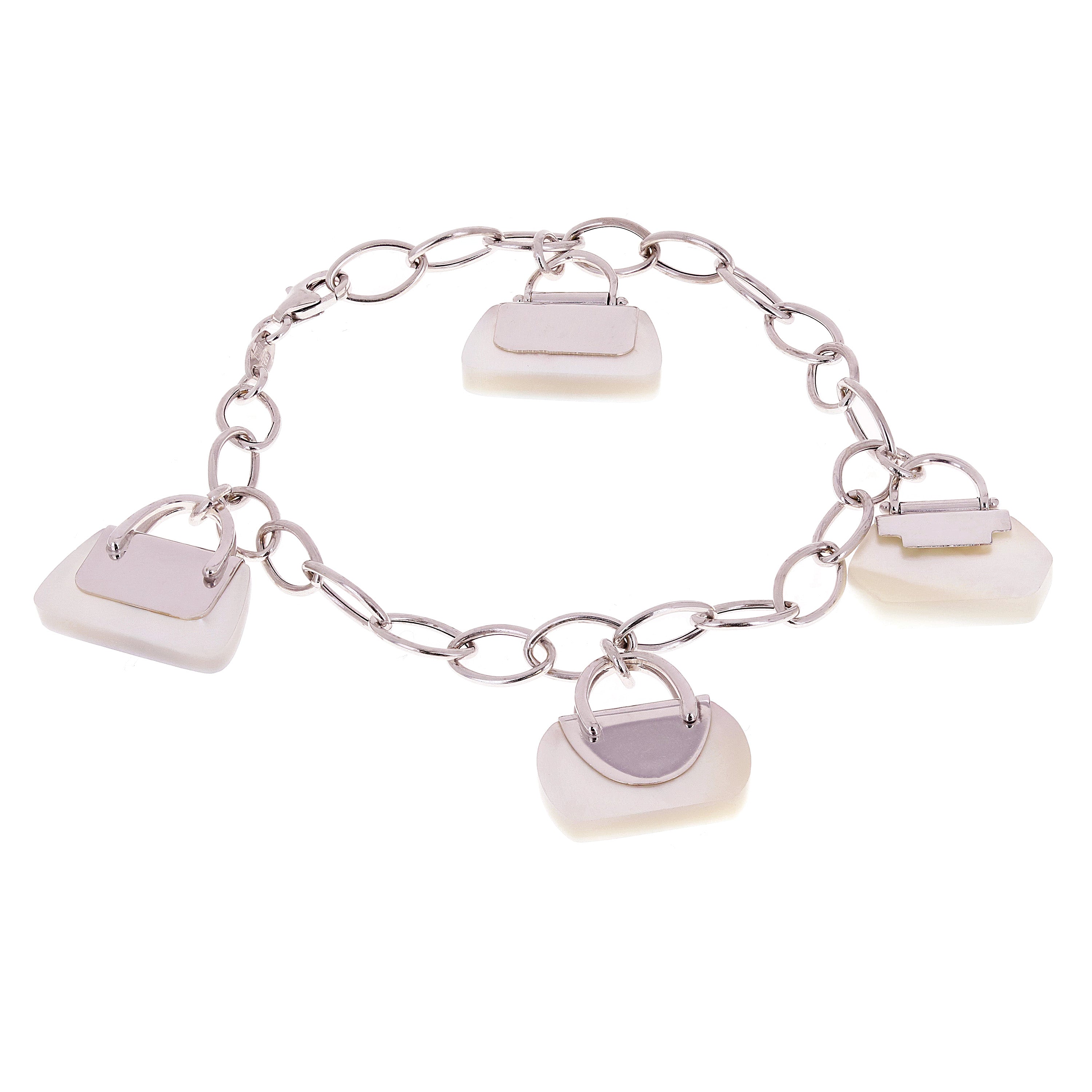 14k White Gold Mother of Pearl Bag Purse Charm Bracelet 7.5" - Bag