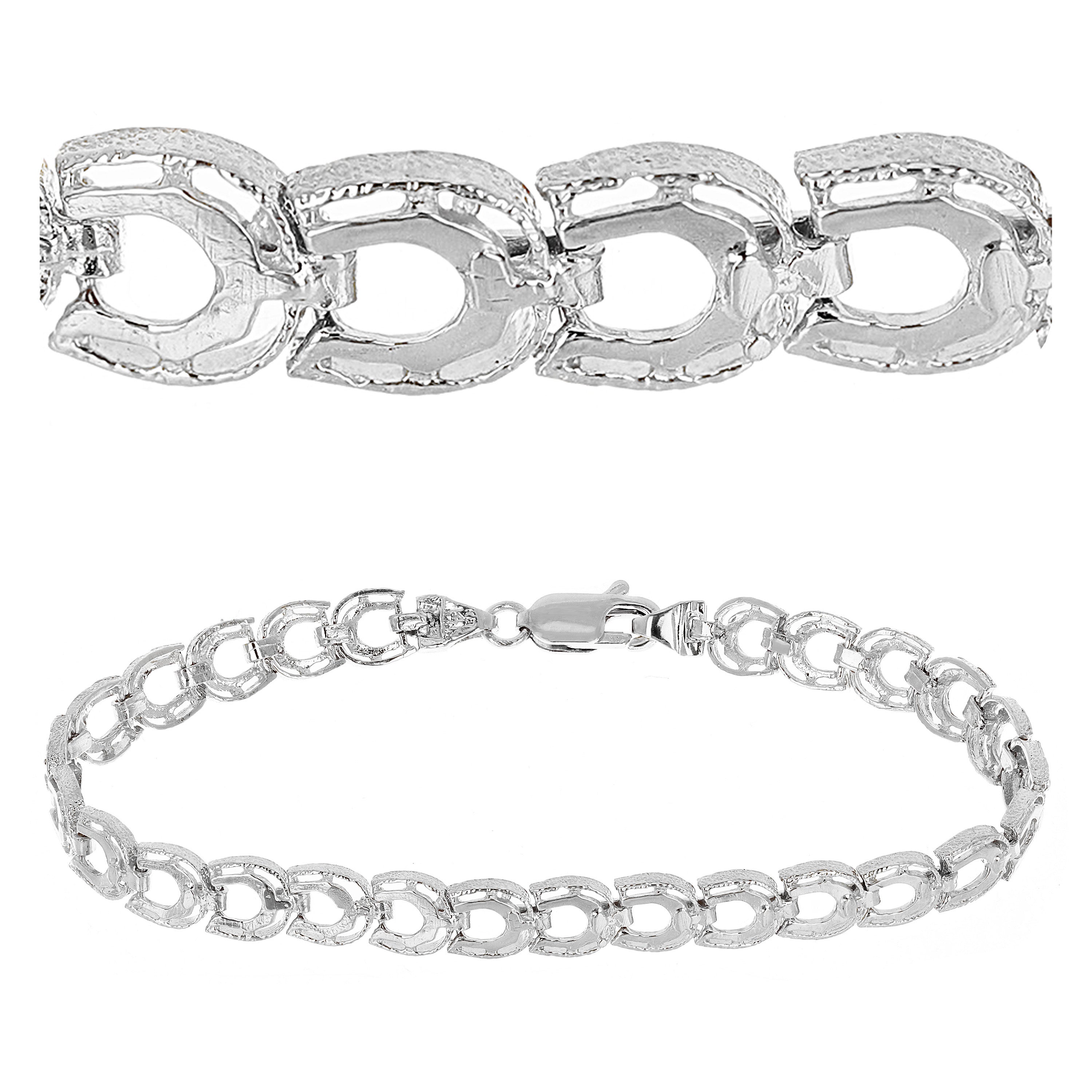 14k White Gold Solid Diamond Cut Horse Shoe Bracelet 6.5" 6.4mm 8 grams - White,6.5"