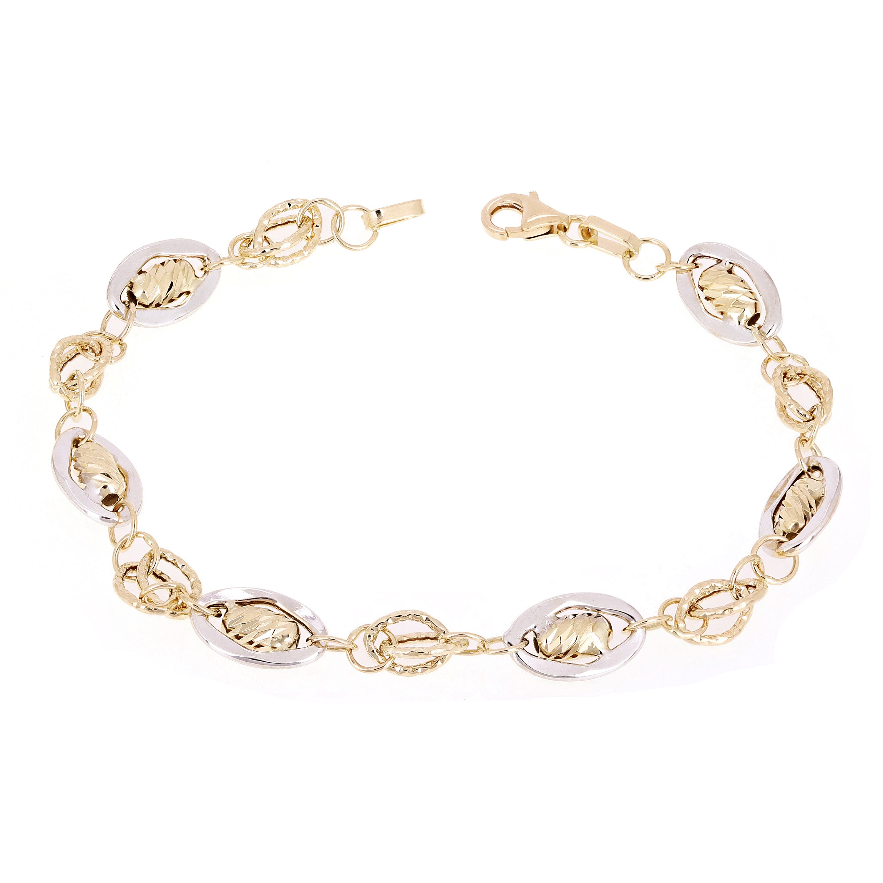 Italian 14k Two-Tone Gold Multiple Round & Oval Links Fancy Bracelet 7.5" 4.6g