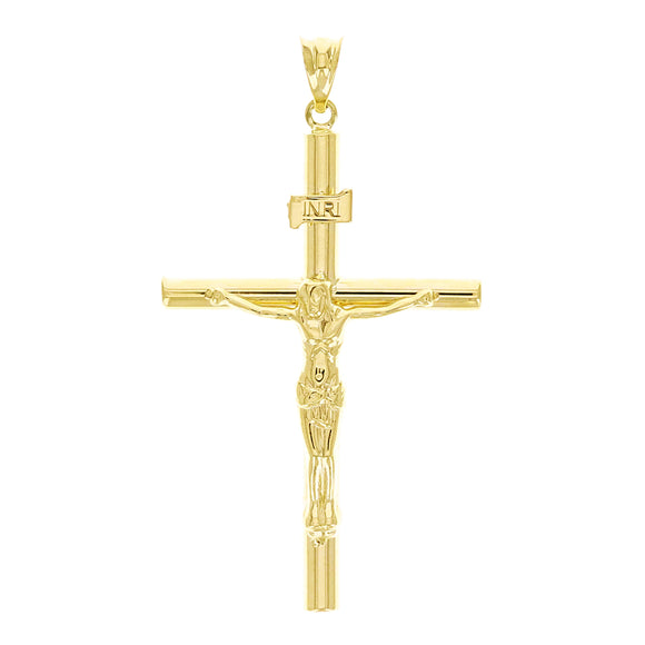 Italian 14k Yellow Gold Hollow INRI Crucifix Cross Charm Pendant 1.7