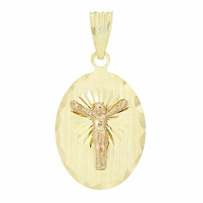 14k Two Tone Gold Cross Jesus Christ Crucifix Pendant Oval Charm 1.16" 2.2 grams