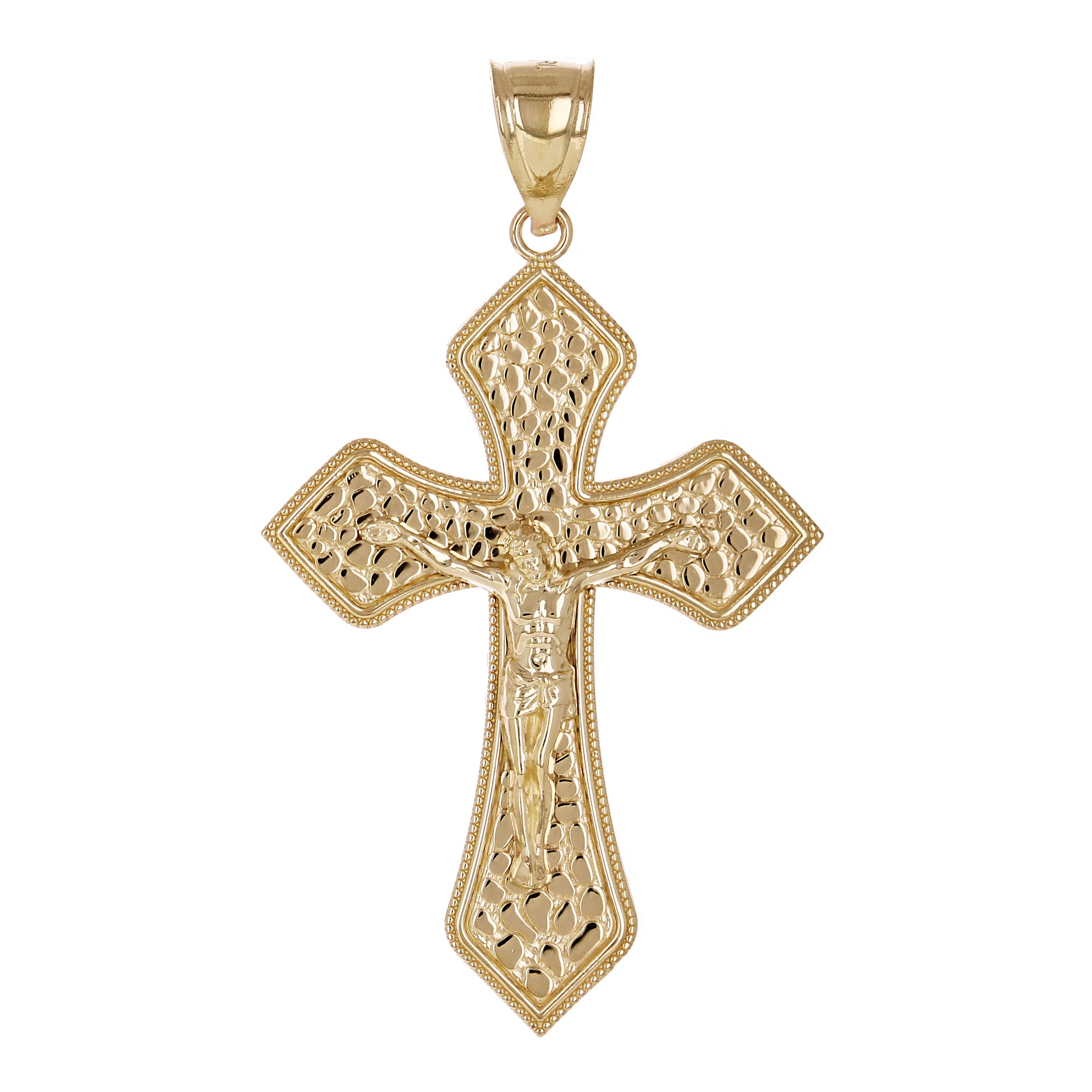14k Yellow Gold Jesus Christ Crucifix Nugget Cross Charm Pendant 1.9" 4.7 grams