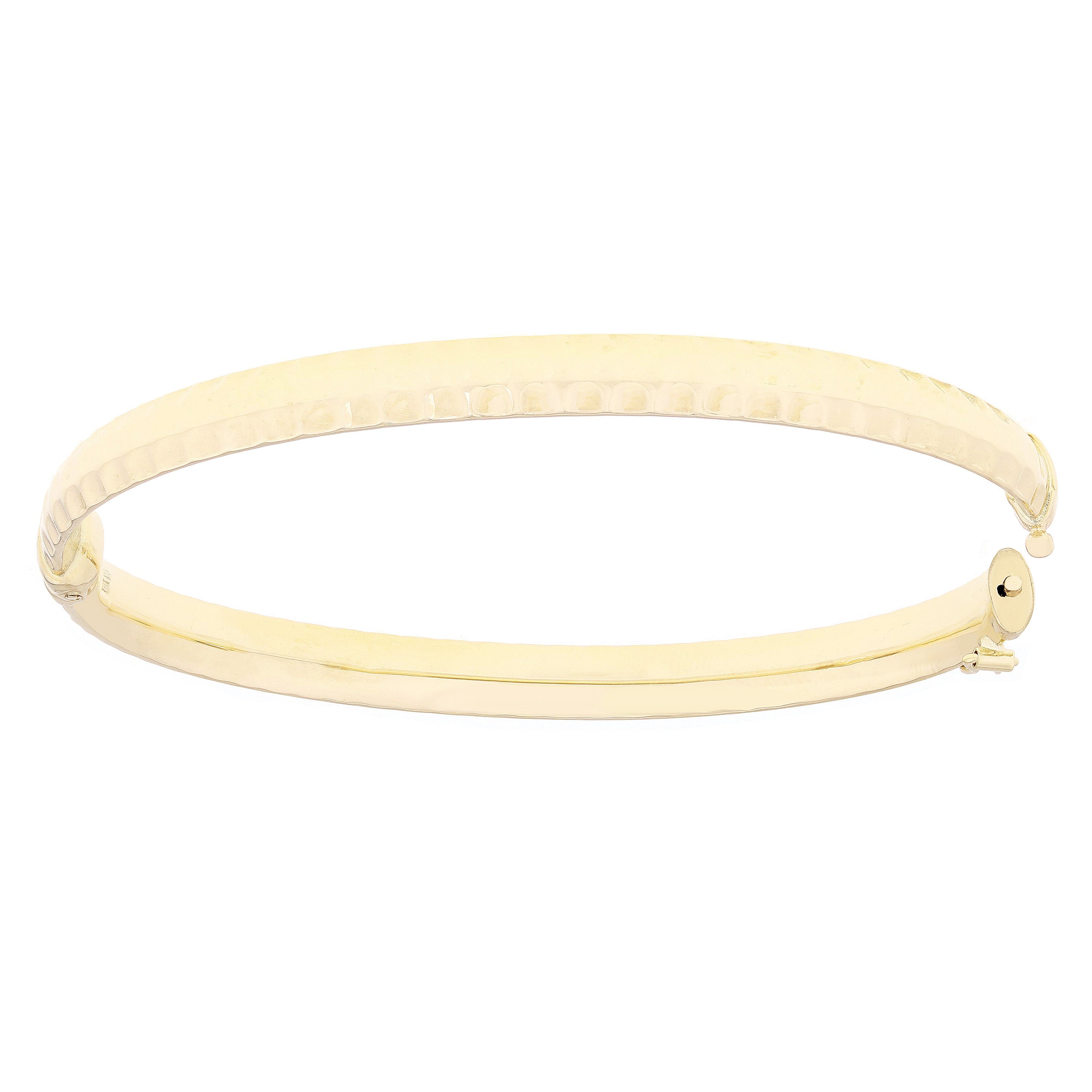 Italian 14k Yellow Gold Polished Hammered Finish Hollow Oval Bangle Bracelet