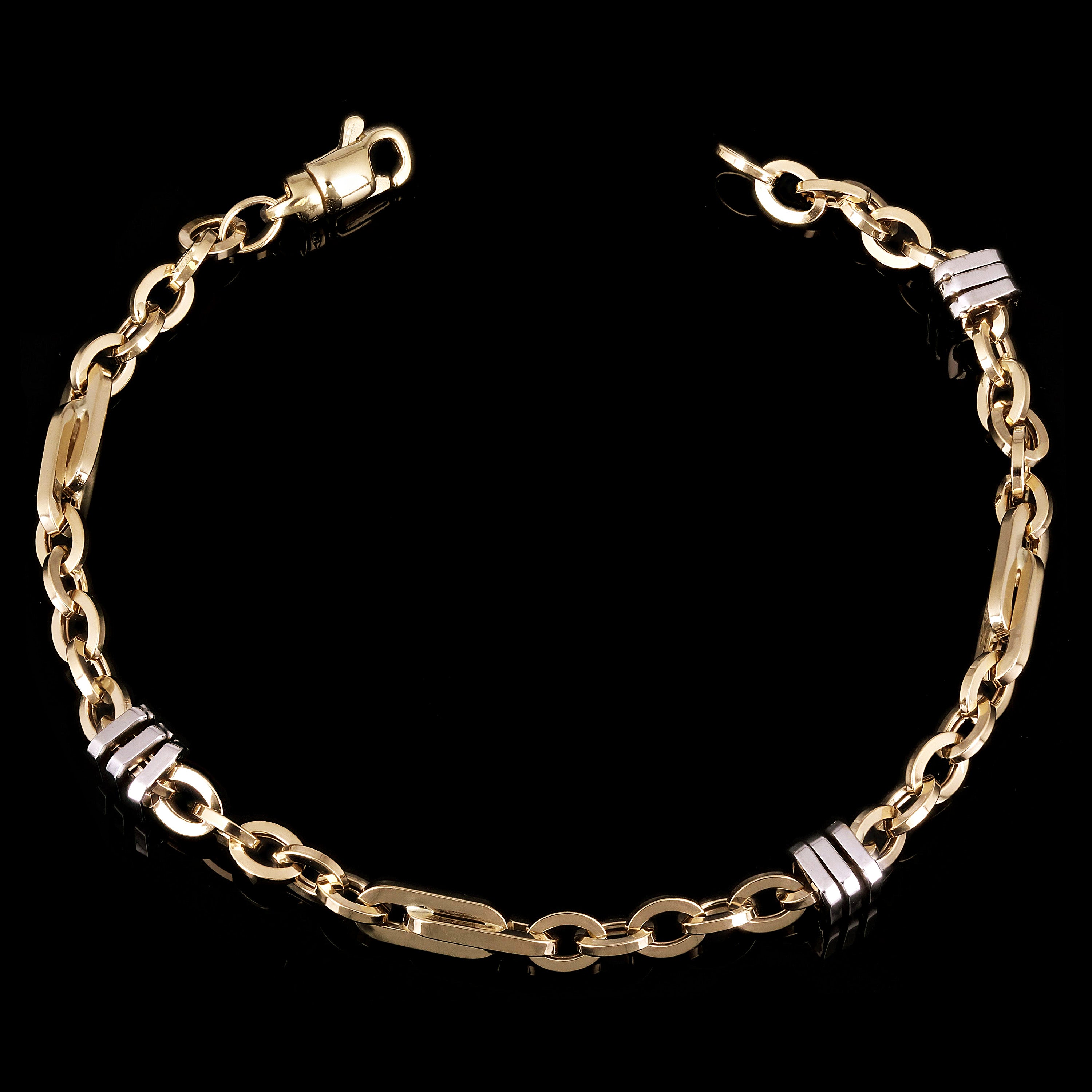Italian 14K Yellow & White Gold Hollow Oval & Square Link Bracelet 8.5" 6mm 7.2g