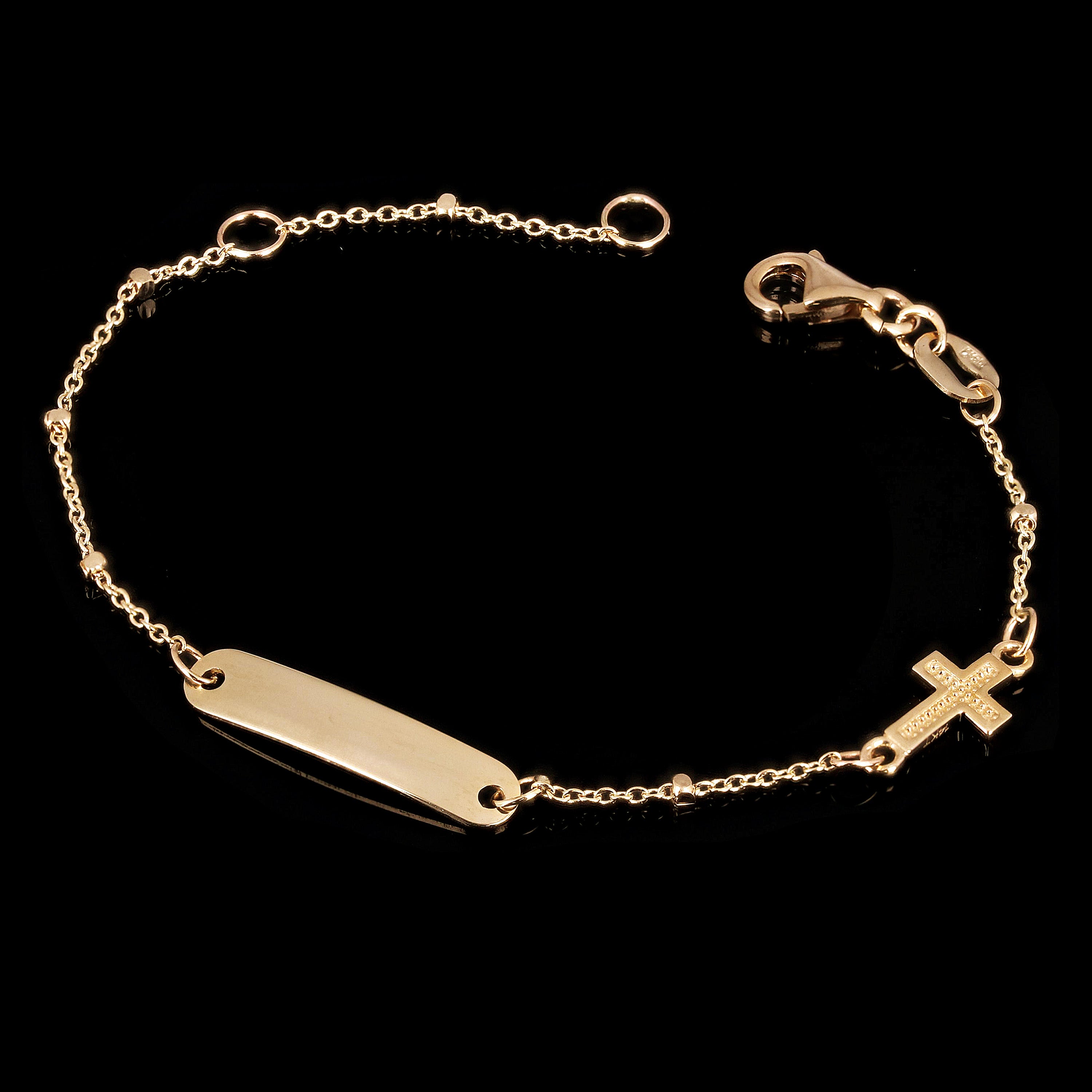 Italian 14k Yellow Gold Engravable Rosary Cross Baby Kids ID Bracelet 5.75" 1.5g - Yellow