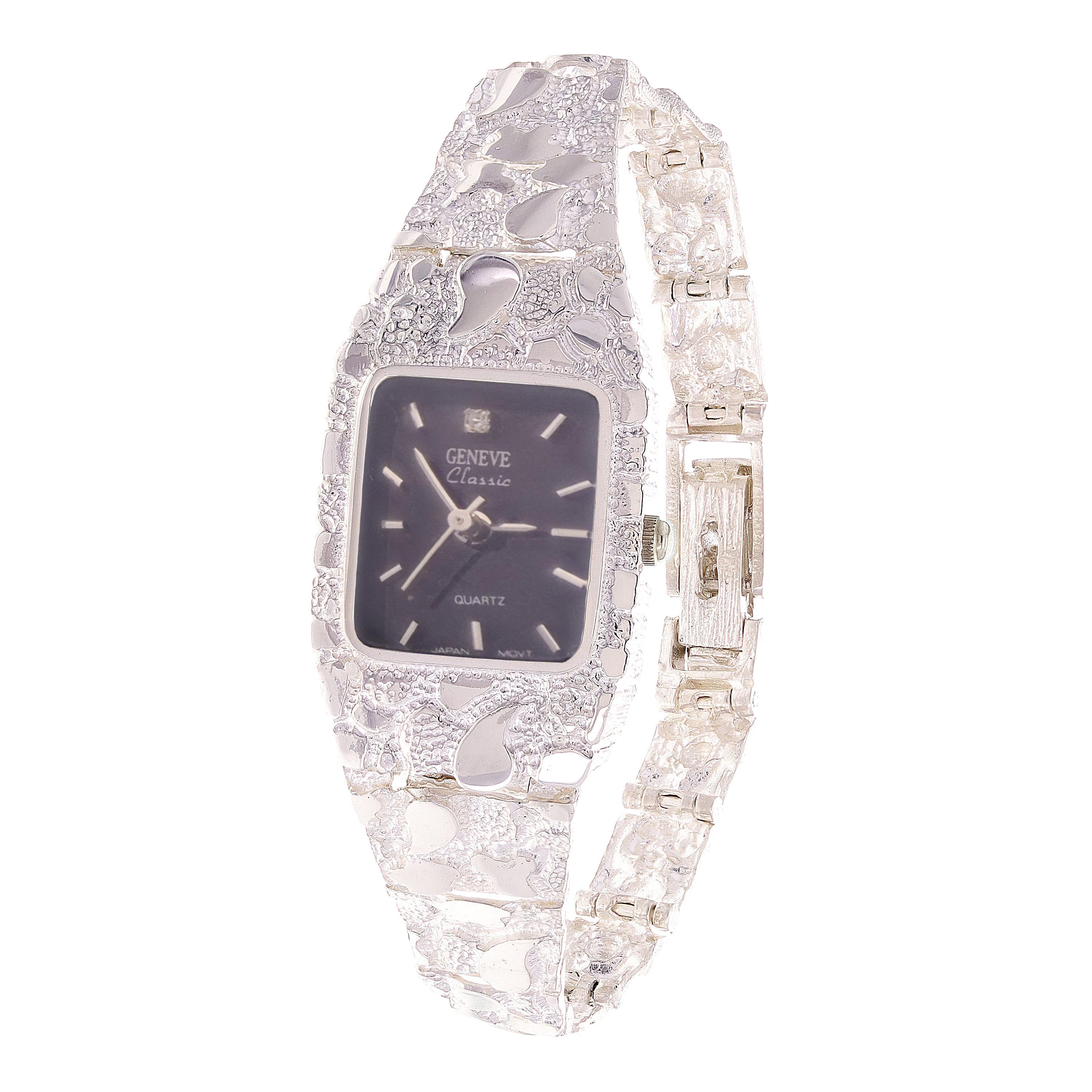 Women's 925 Sterling Silver Nugget Geneve Diamond Watch 7.25-7.75" 28 grams