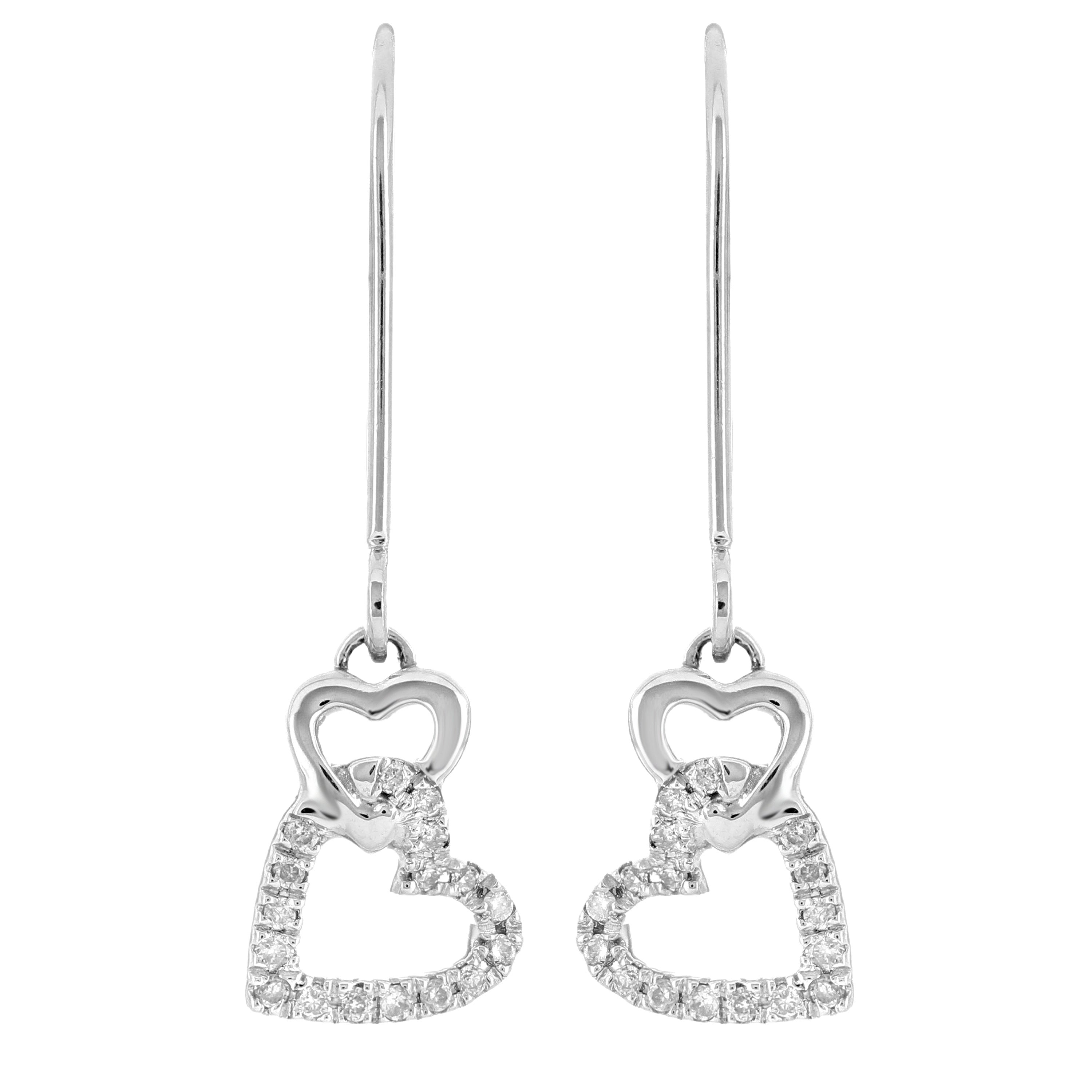 14k White Gold Diamond Accent Pave Heart Charm Hoop Earrings