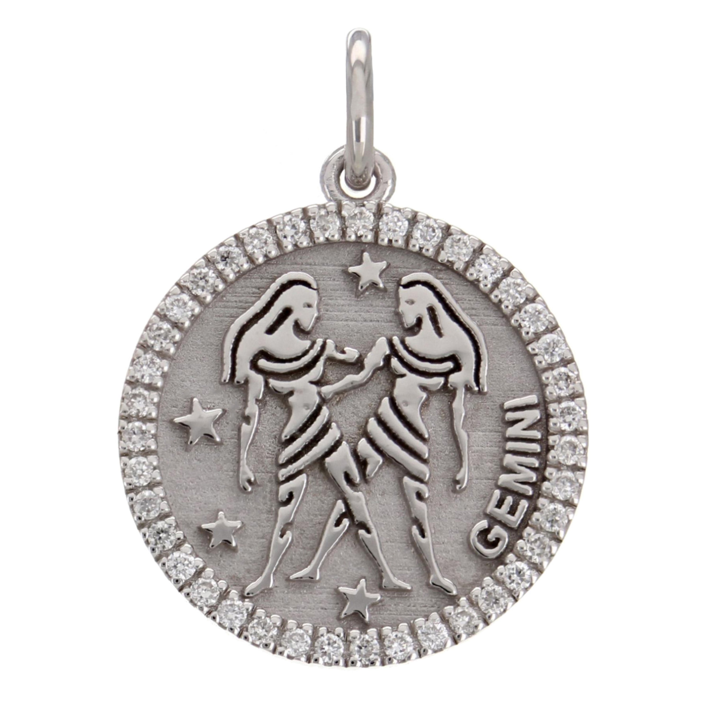 14k White Gold  Diamond Zodiac Sign Gemini Pendant - Gemini,White