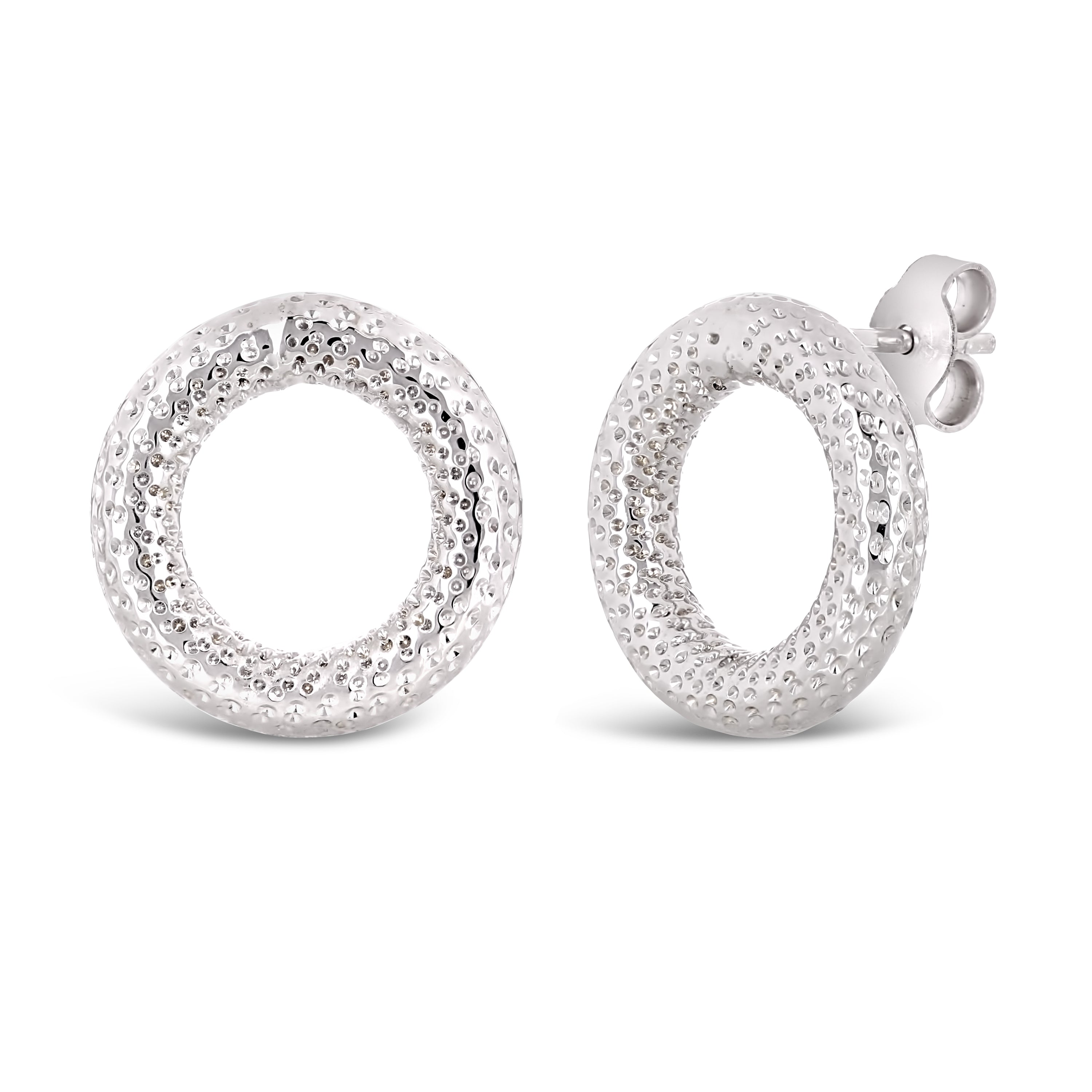 Italian 14k White Gold Modern Textured Hollow Tube Eternity Circle Stud Earring - Modern Textured