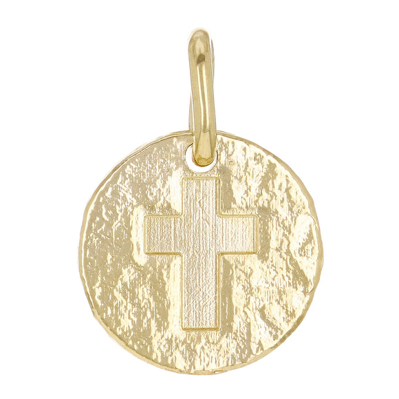 14k Yellow Gold Hammered Finish Round Cross Pendant Religious Charm 1