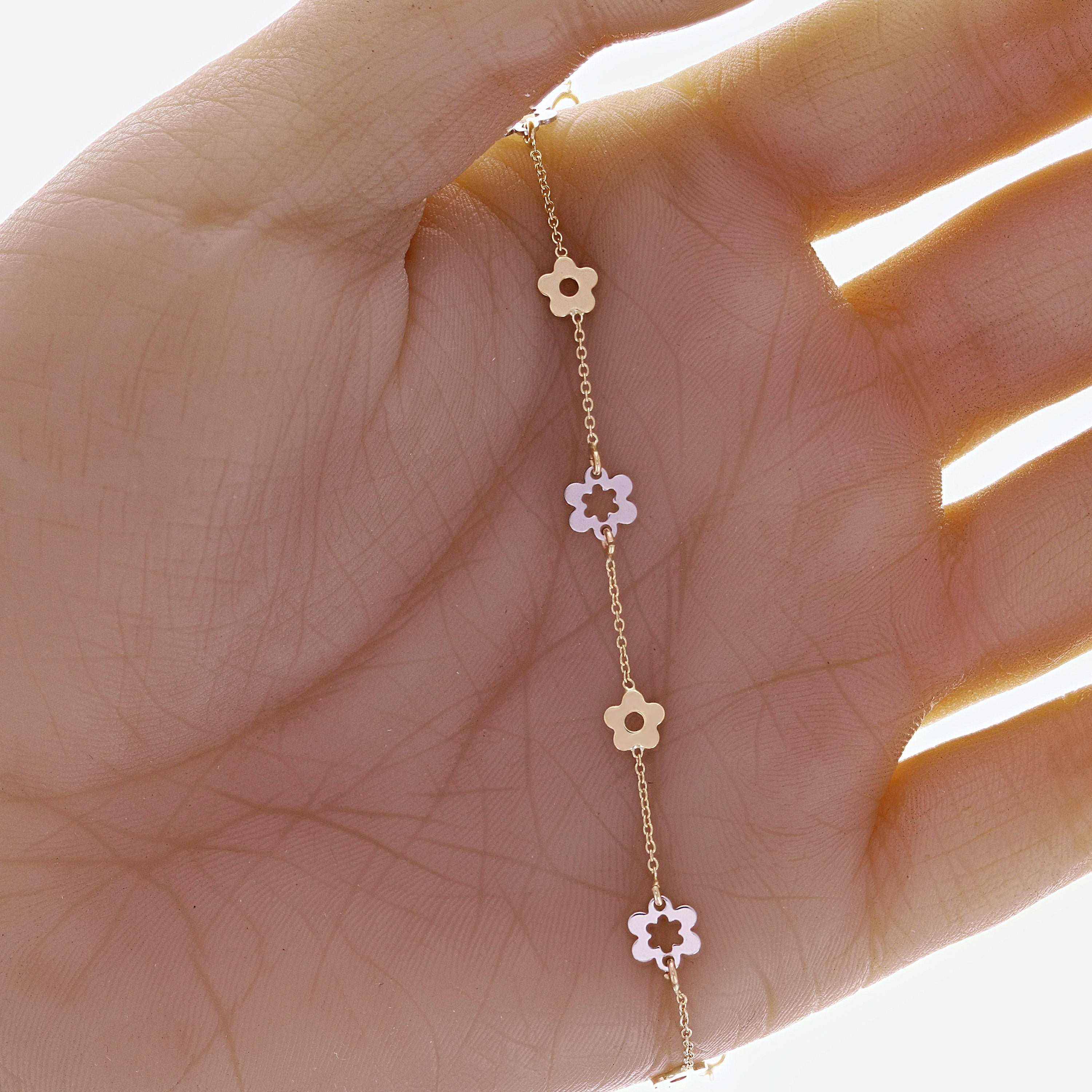 Italian 14k Two-Tone Gold Flower Charm Bracelet 7" 1.8 grams