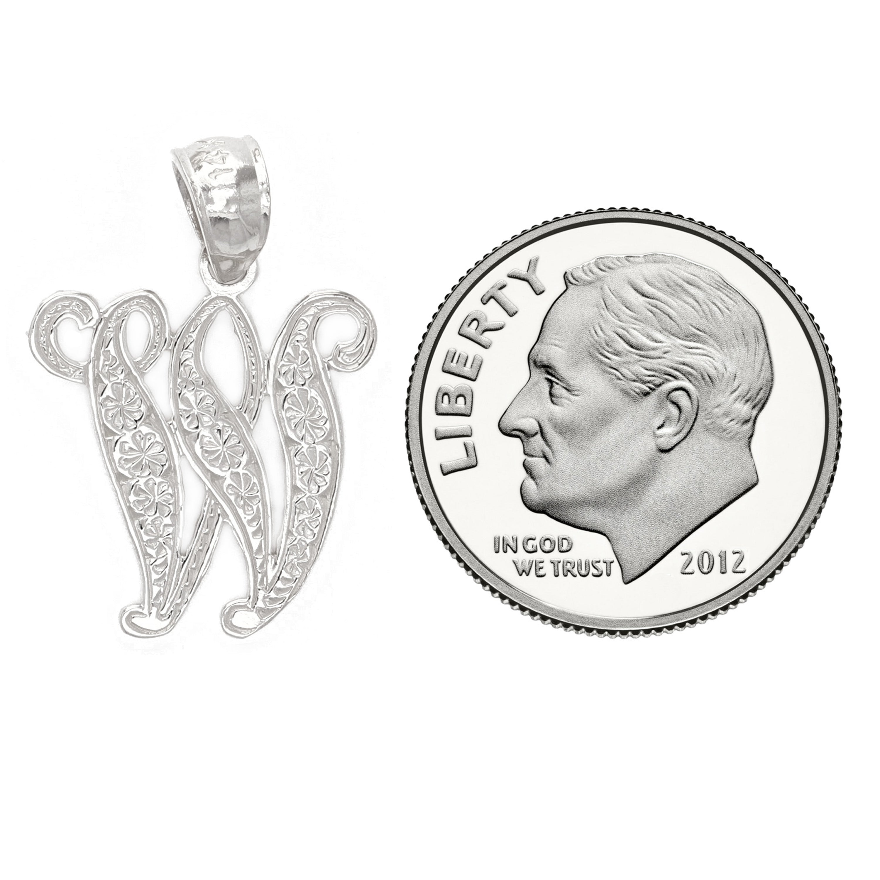 14k White Gold Initial Letter W Alphabet Charm Pendant - Letter W,White