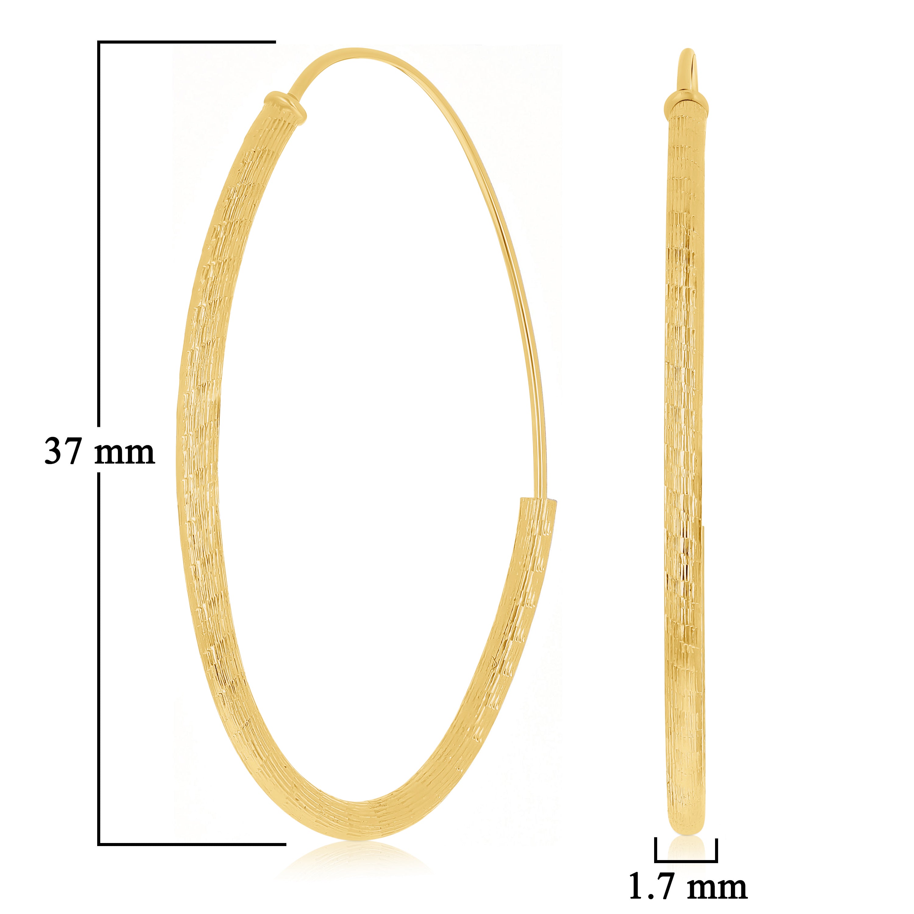 Italian 14k Yellow Gold Diamond Cut J-Hoop Oval  Hoop Earrings 1.5" 1.7mm 1.3g