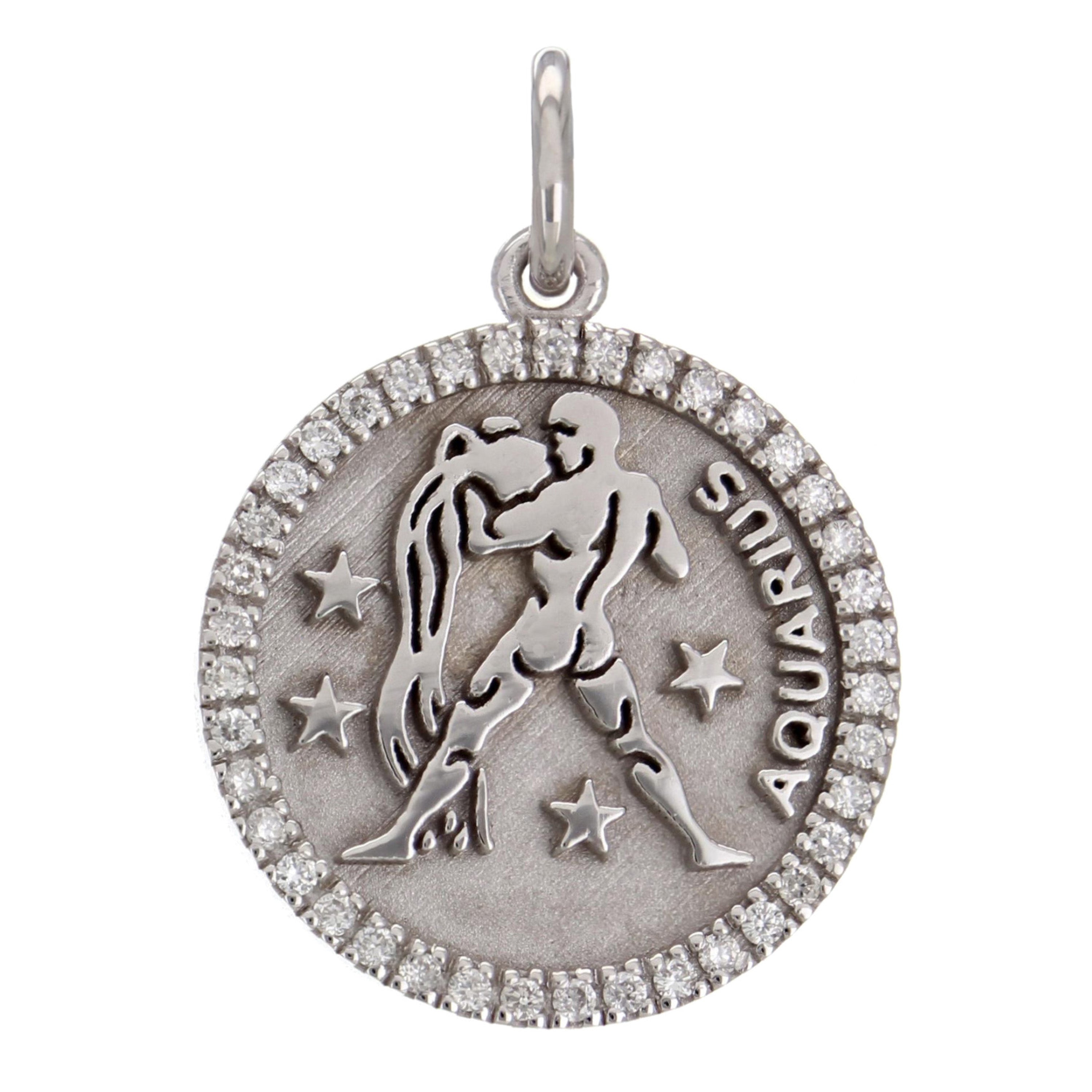 14k White Gold  Diamond Zodiac Sign Aquarius Pendant - Aquarius,White
