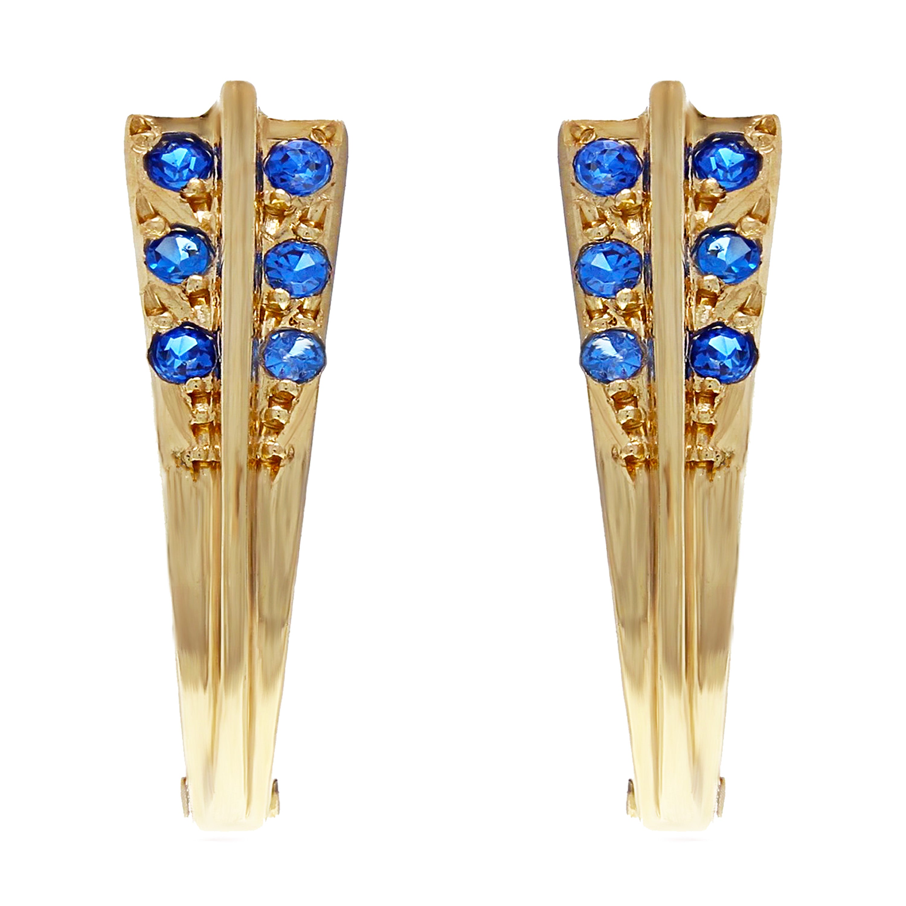 14k Yellow Gold Blue Sparkling Crystal Hinge Hoop Huggie Earrings