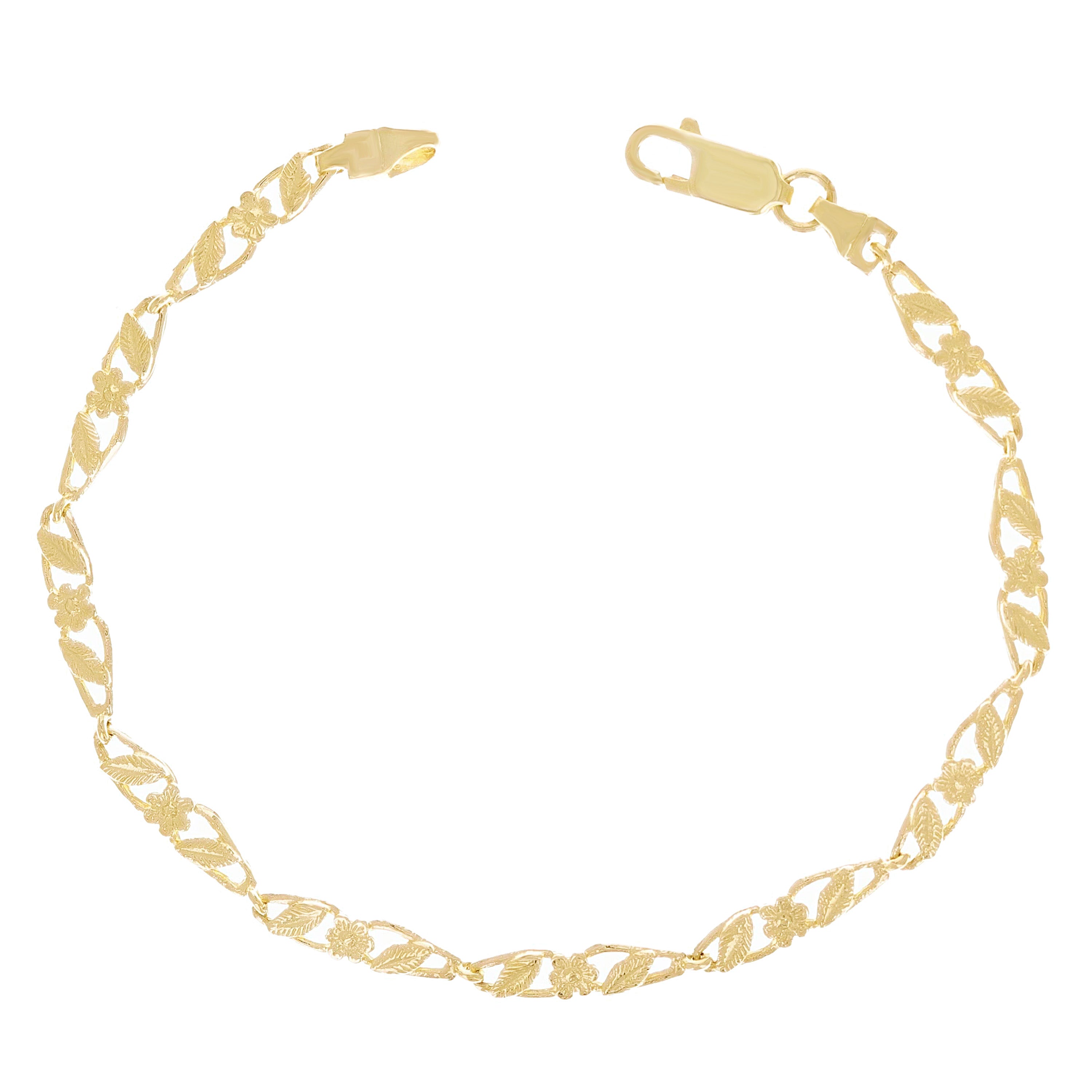 14k Yellow Gold Solid Flower & Leaves Link Bracelet 7" - 7"