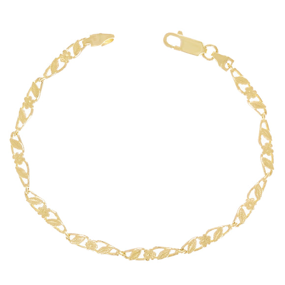 14k Yellow Gold Solid Flower & Leaves Link Bracelet 7