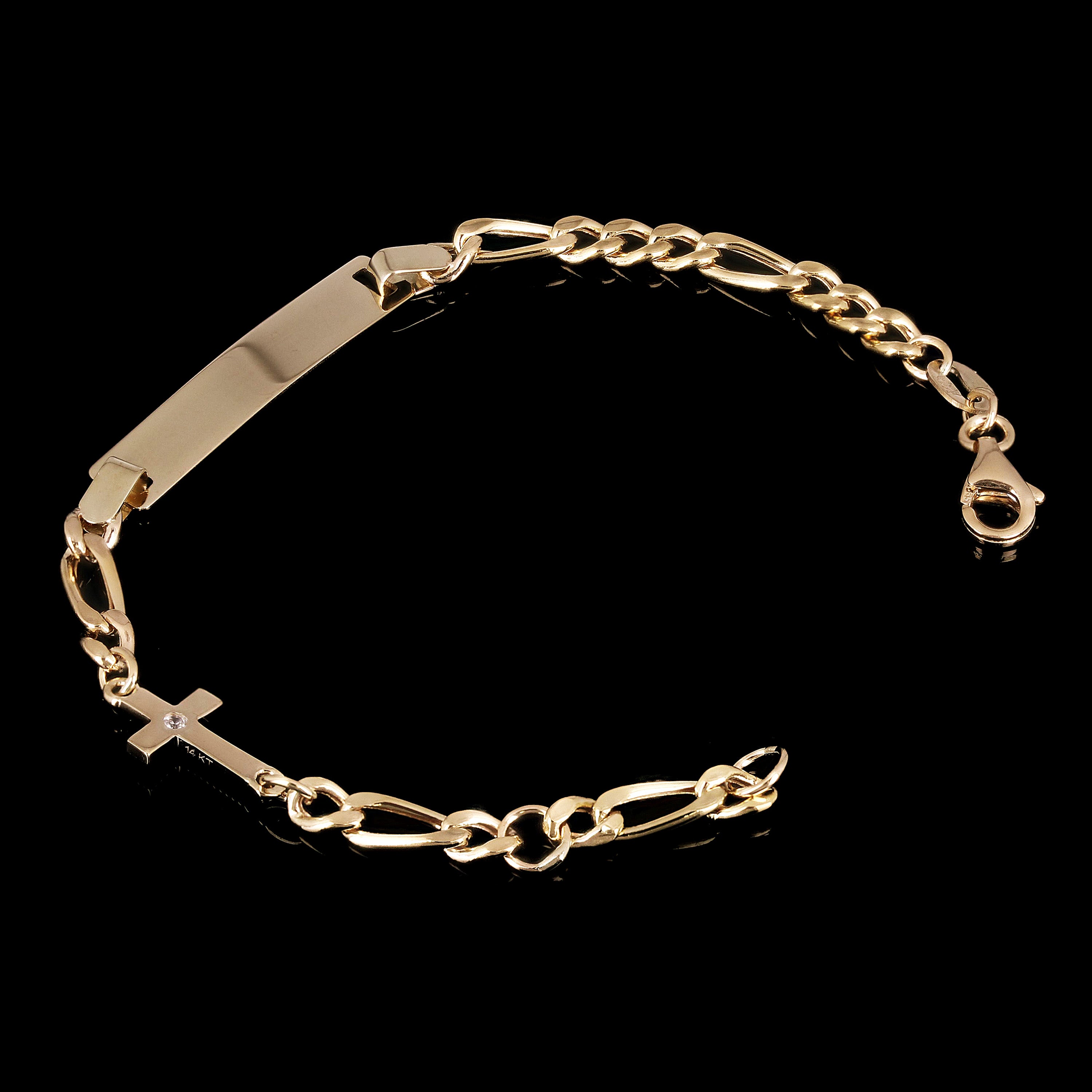 Italian 14k Yellow Gold Engravable Cross Baby Kids ID Figaro Bracelet 5.5" 2.6g