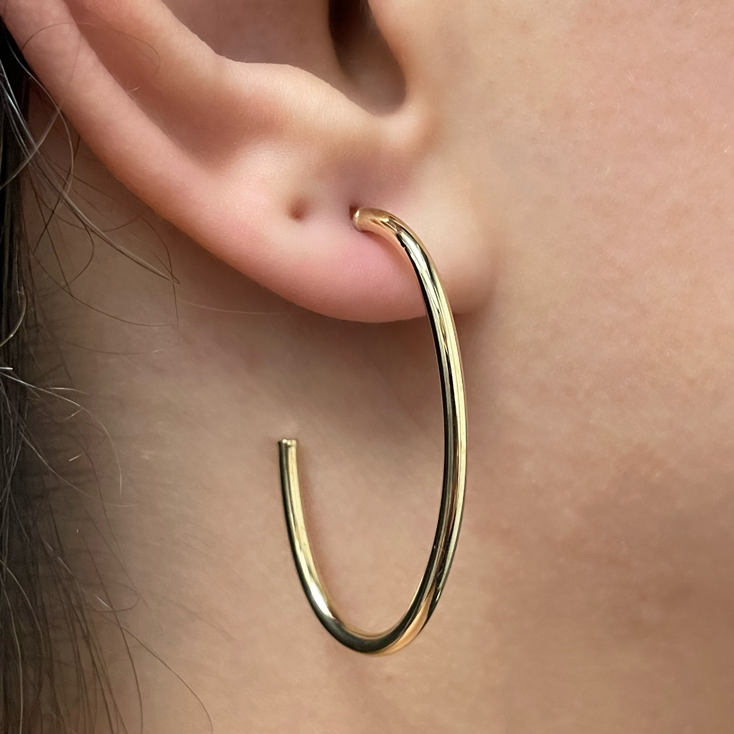 Italian 14k Yellow Gold Hollow High Polished J-Hoop Earrings 1.5" 2mm 1.8 grams