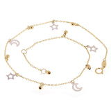 Italian 14k Two Tone Gold Moon Star Ball Beads Charm Anklet/Bracelet 10" 1.7g
